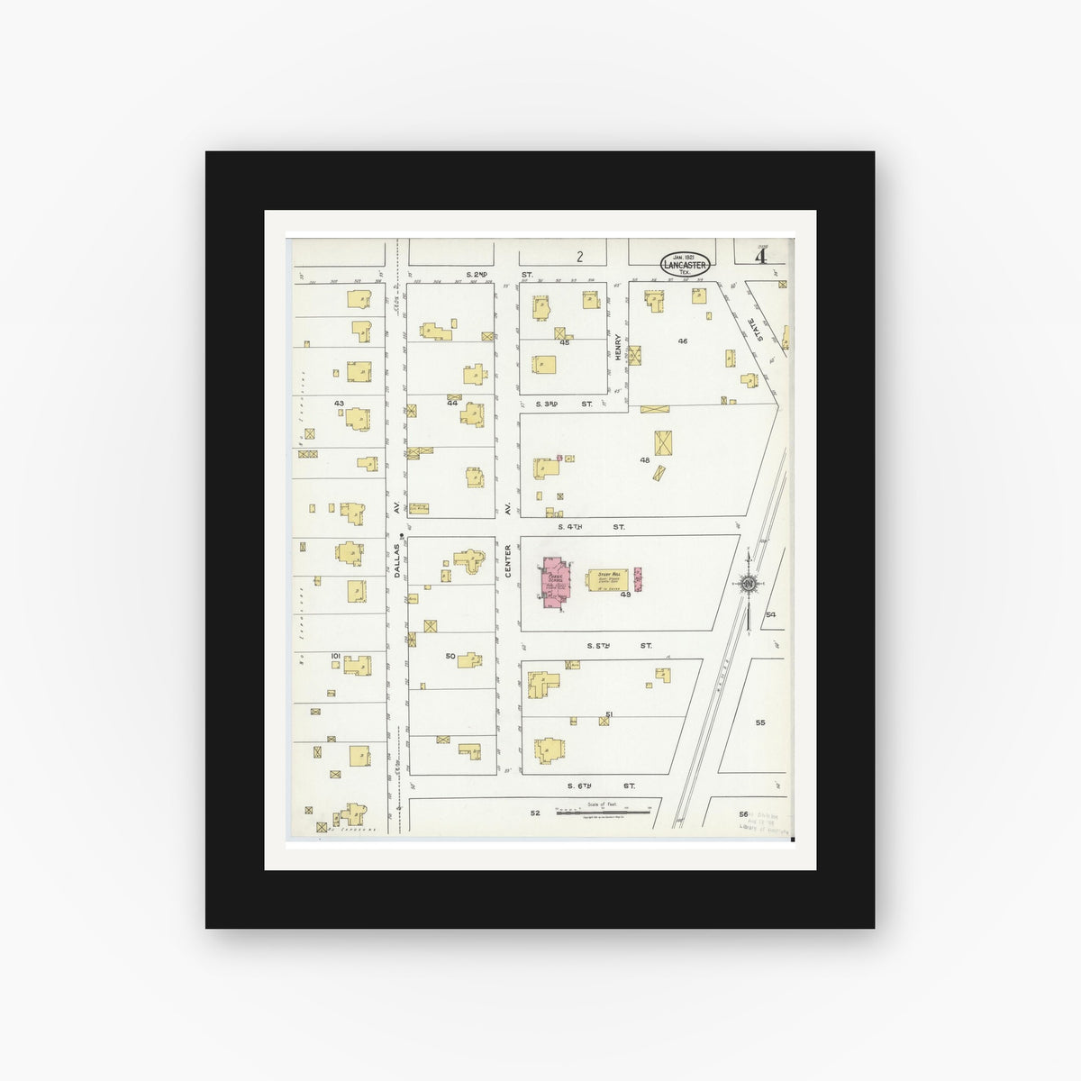 Old map wall art mockup — black gallery frame with white mat — Sanborn Fire Insurance Map from Lancaster, Dallas County, Texas (1921), Sheet #0004