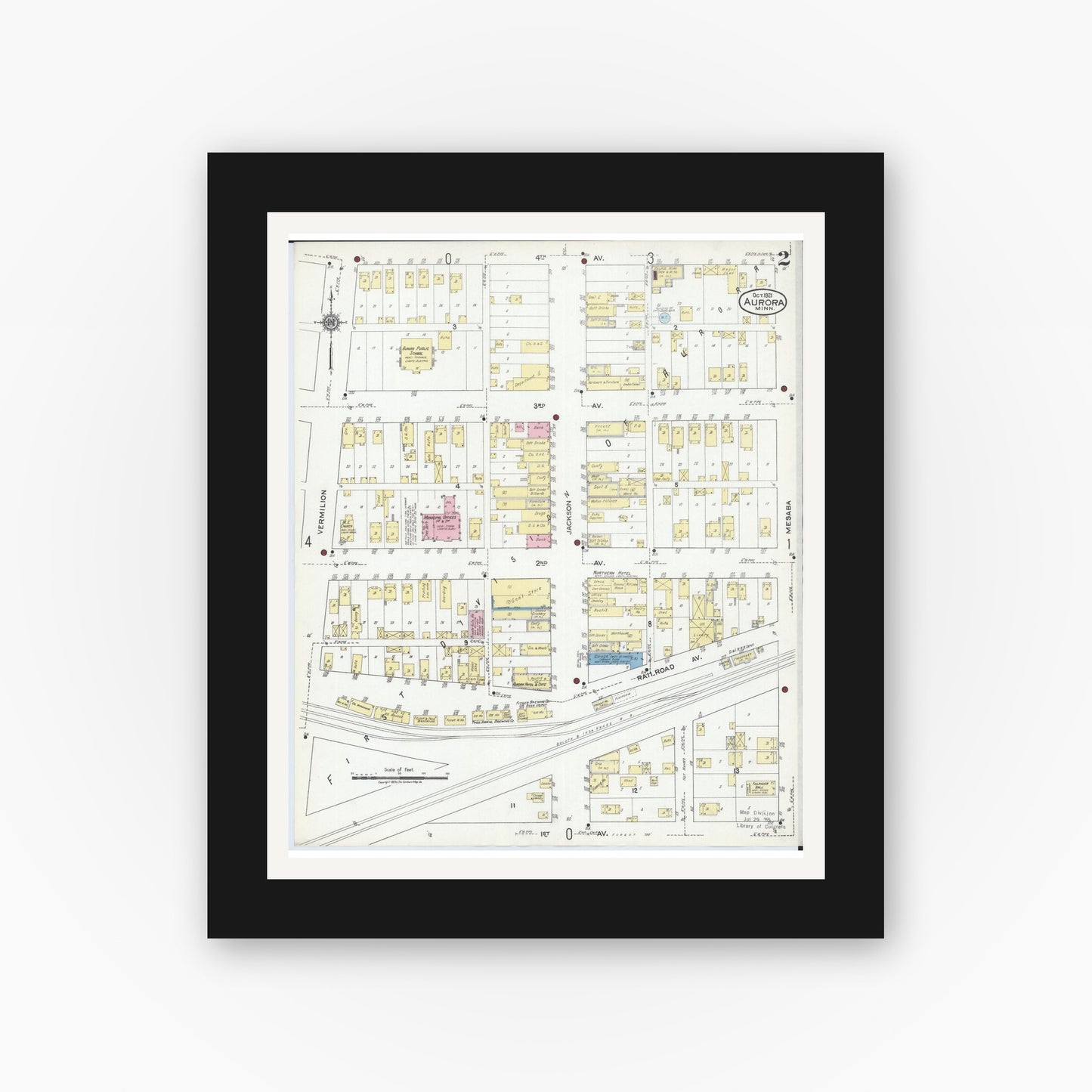 Old map wall art mockup — black gallery frame with white mat — Sanborn Fire Insurance Map from Aurora, Saint Louis County, Minnesota (1921), Sheet #0002