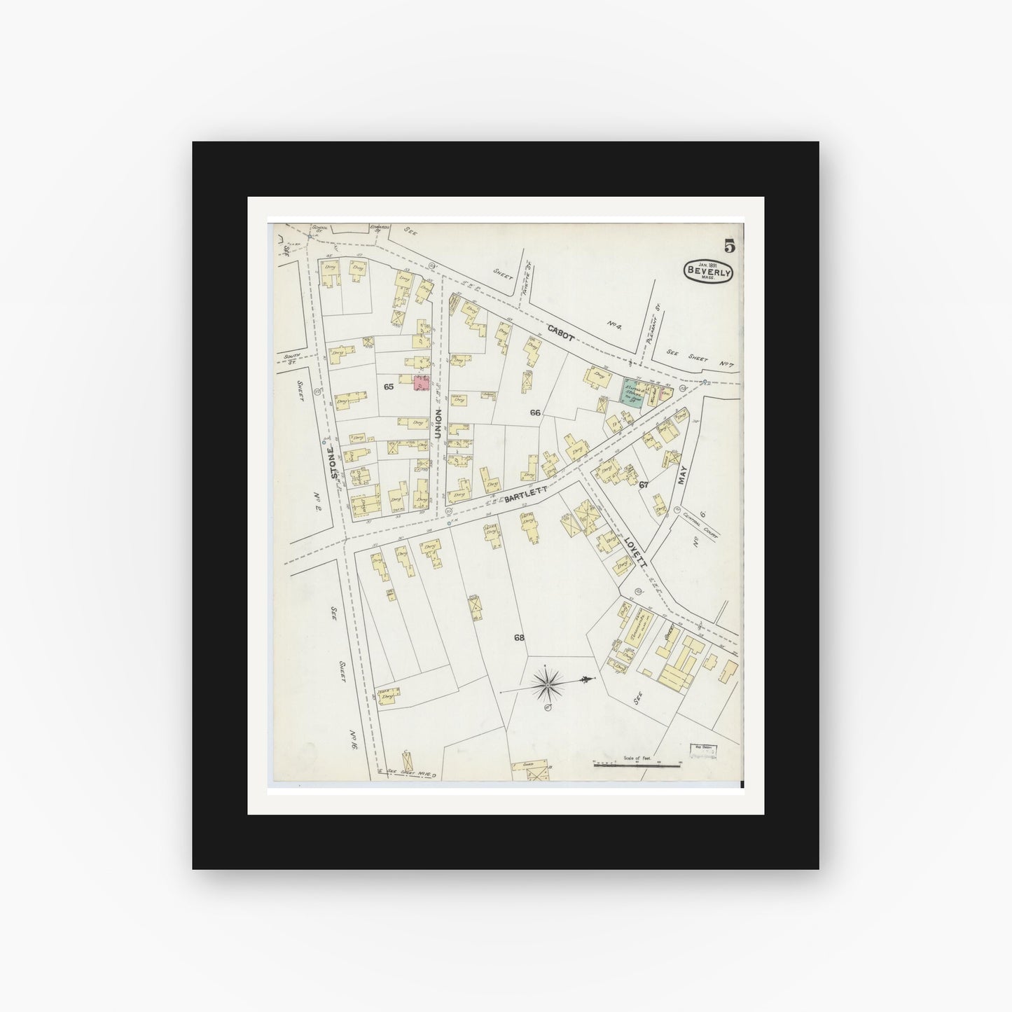 Old map wall art mockup — black gallery frame with white mat — Sanborn Fire Insurance Map from Beverly, Essex County, Massachusetts (1891), Sheet #0005