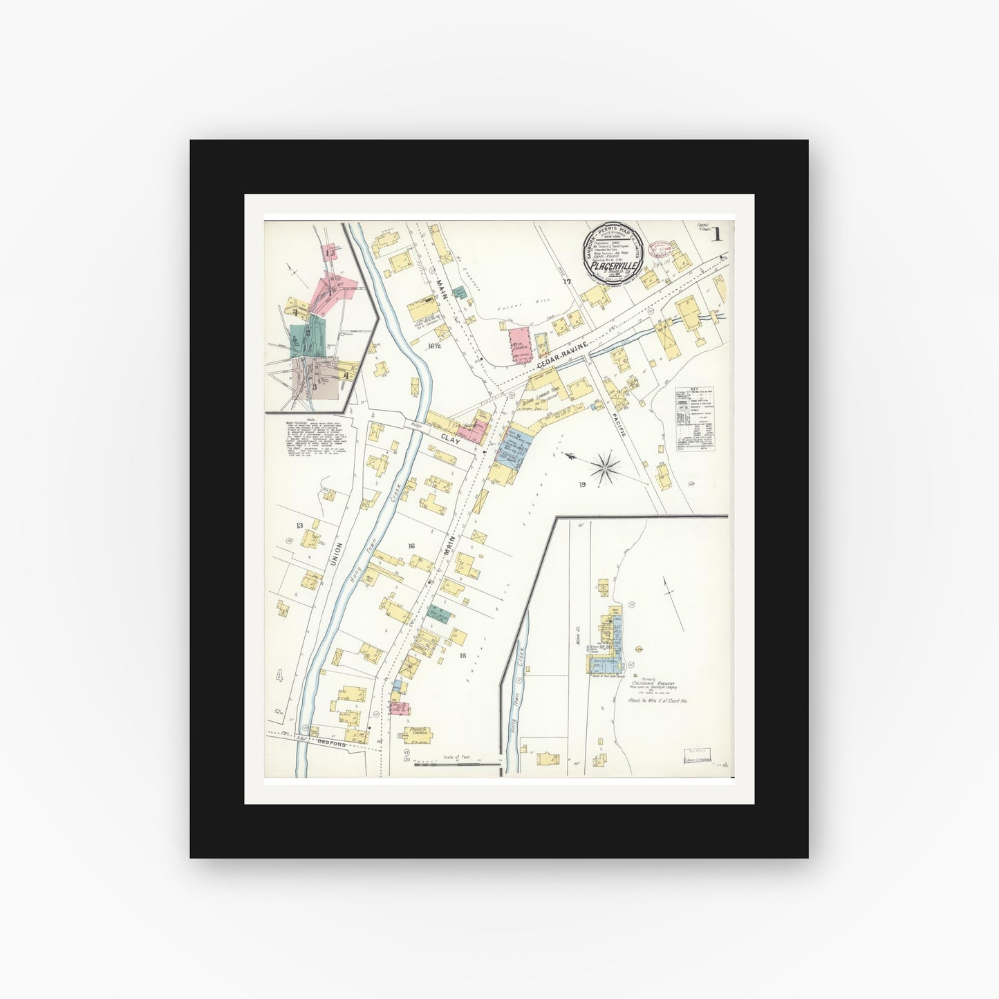 Old map wall art mockup — black gallery frame with white mat — Sanborn Fire Insurance Map from Placerville, El Dorado County, California (1895) - Complete Map Set