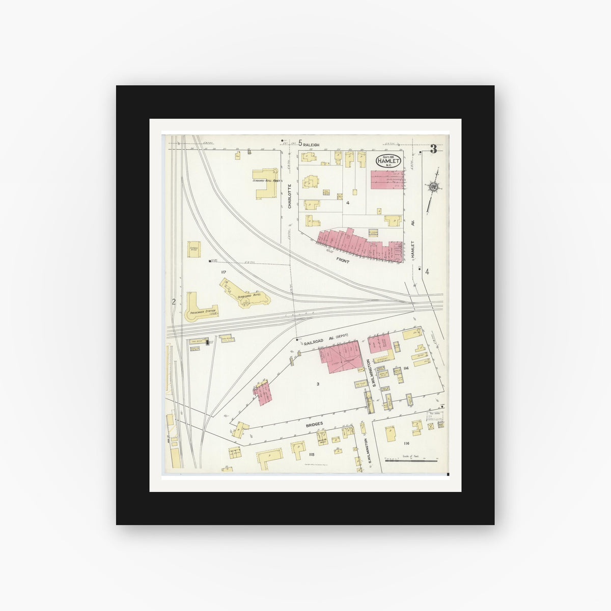 Old map wall art mockup — black gallery frame with white mat — Sanborn Fire Insurance Map from Hamlet, Richmond County, North Carolina (1916), Sheet #0003