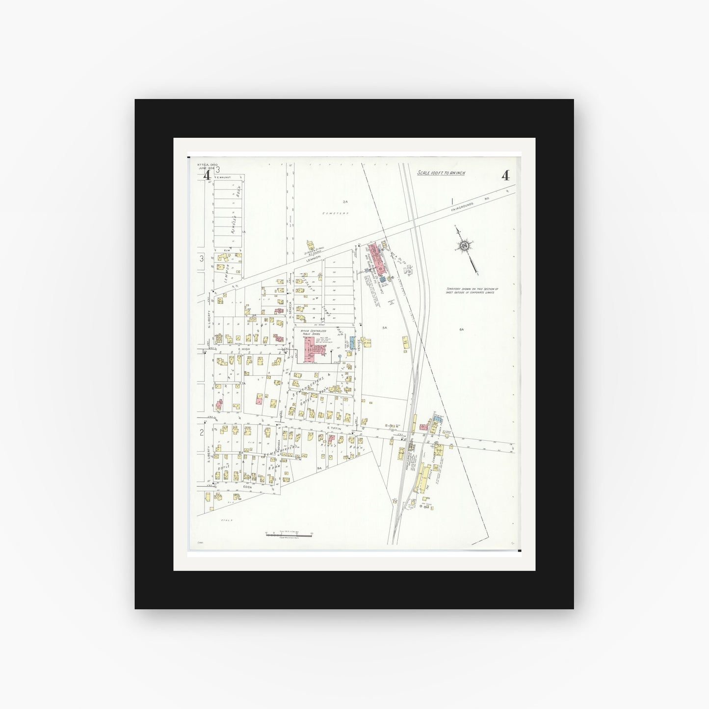 Old map wall art mockup — black gallery frame with white mat — Sanborn Fire Insurance Map from Attica, Seneca County, Ohio (1938), Sheet #0004