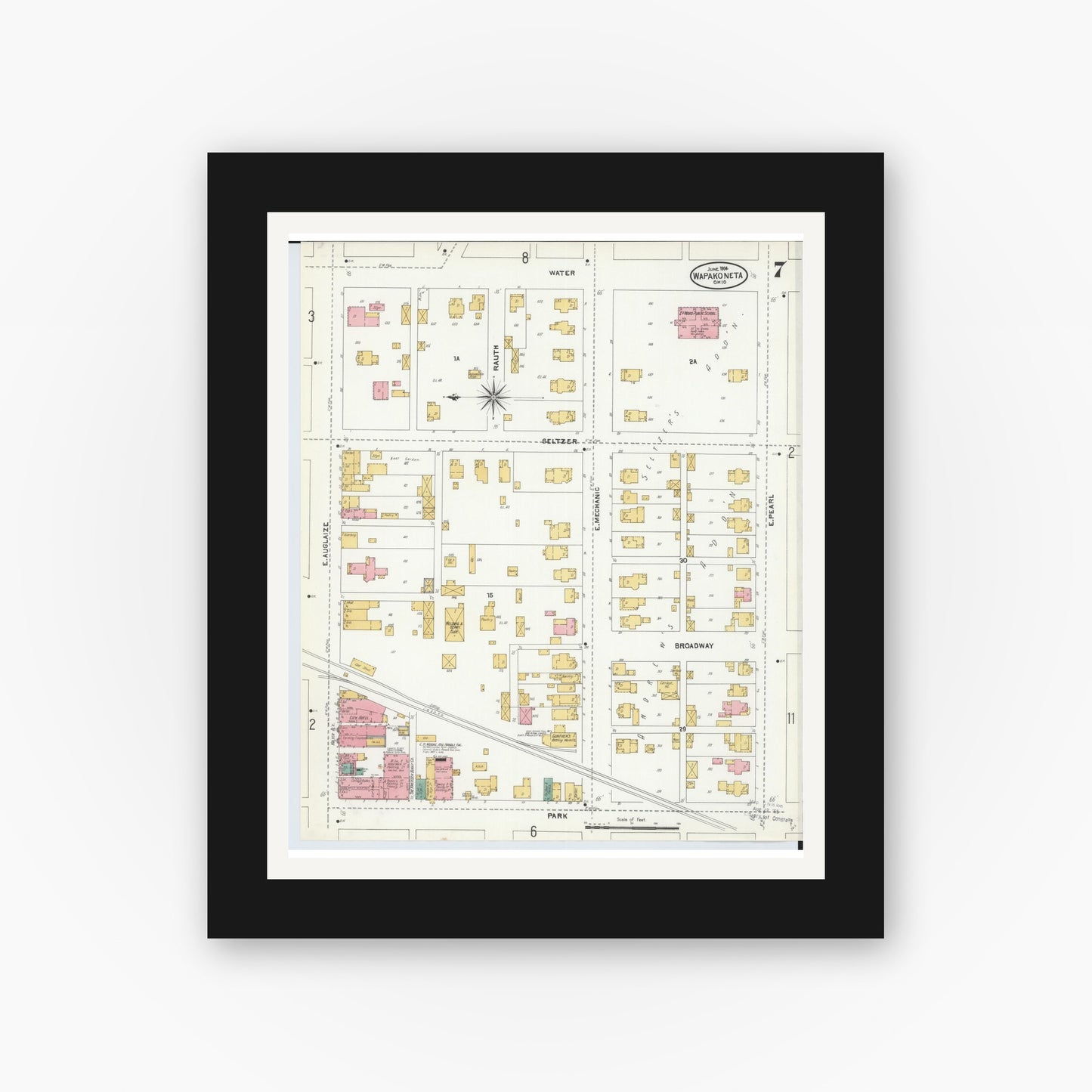 Old map wall art mockup — black gallery frame with white mat — Sanborn Fire Insurance Map from Wapakoneta, Auglaize County, Ohio (1904), Sheet #0007