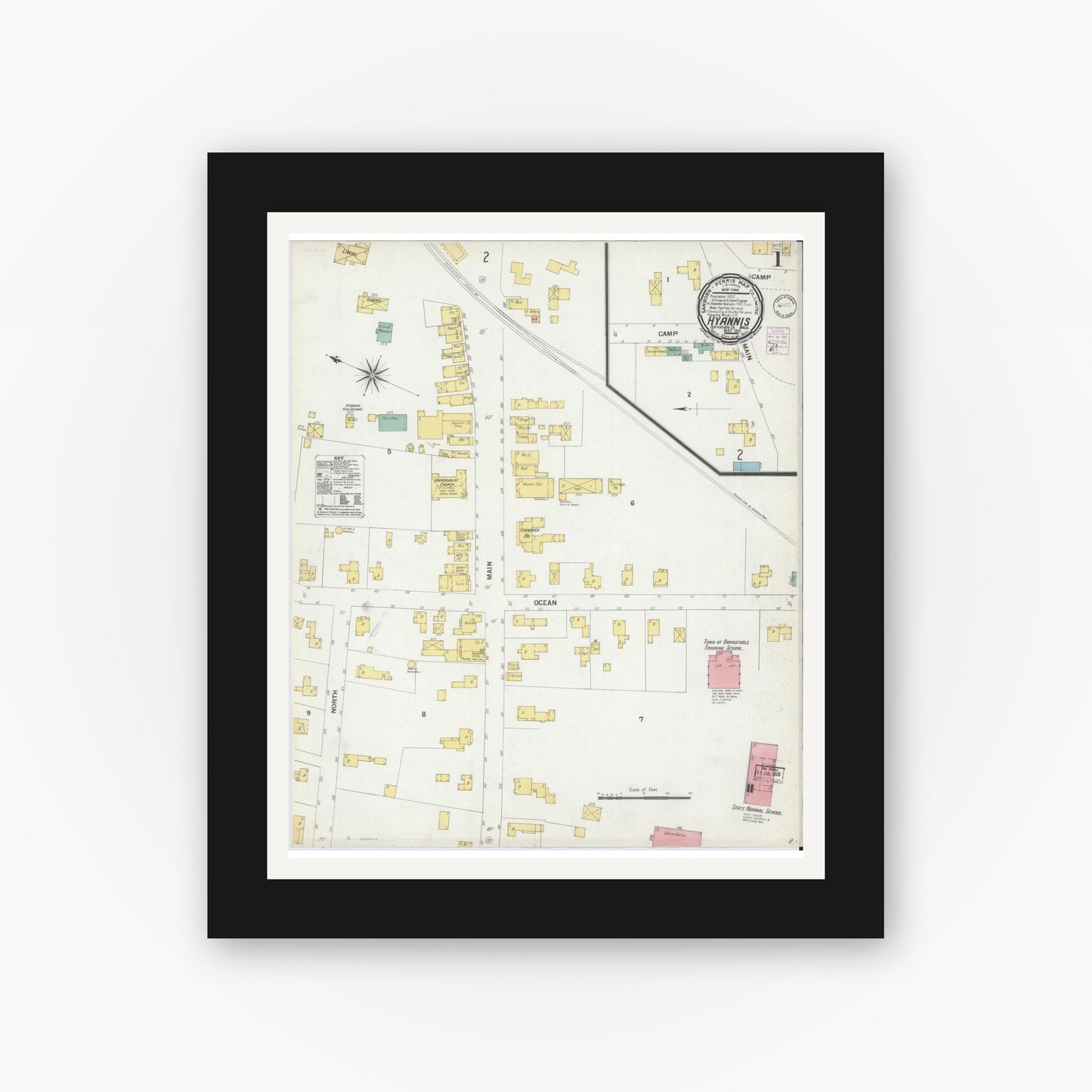Old map wall art mockup — black gallery frame with white mat — Sanborn Fire Insurance Map from Hyannis, Barnstable County, Massachusetts (1901), Sheet #0001