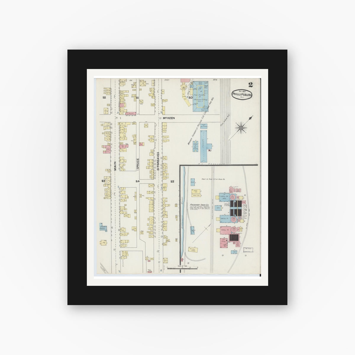 Old map wall art mockup — black gallery frame with white mat — Sanborn Fire Insurance Map from Phillipsburg, Warren County, New Jersey (1890) - Complete Map Set