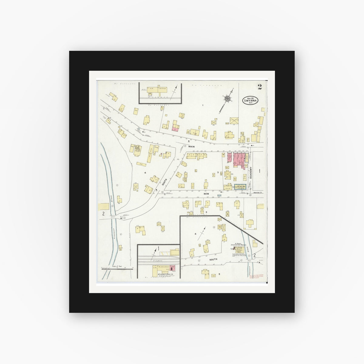Old map wall art mockup — black gallery frame with white mat — Sanborn Fire Insurance Map from Smyrna, Chenango County, New York (1911), Sheet #0002