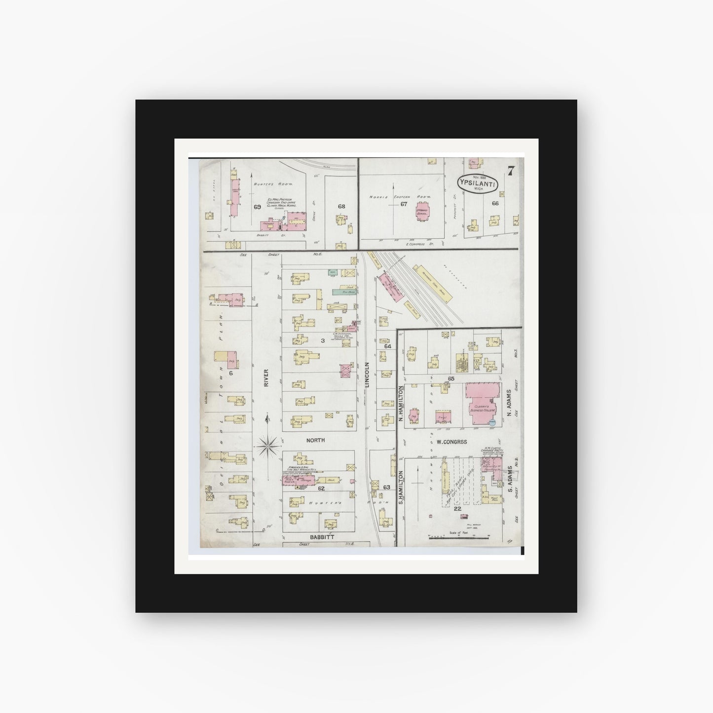 Old map wall art mockup — black gallery frame with white mat — Sanborn Fire Insurance Map from Ypsilanti, Washtenaw County, Michigan (1888), Sheet #0007