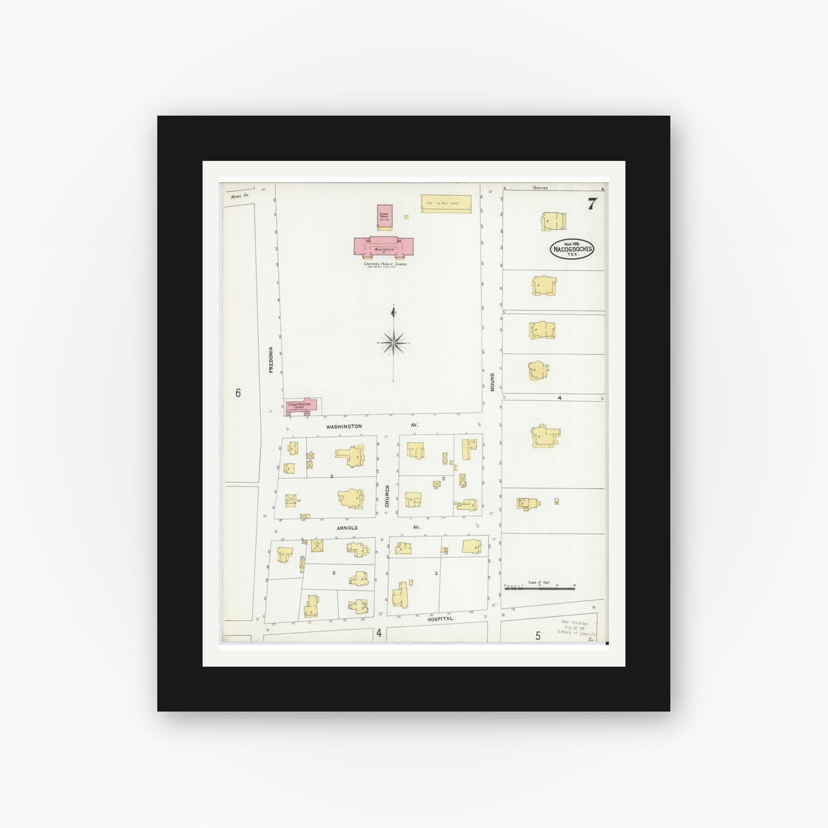 Old map wall art mockup — black gallery frame with white mat — Sanborn Fire Insurance Map from Nacogdoches, Nacogdoches County, Texas (1906), Sheet #0007