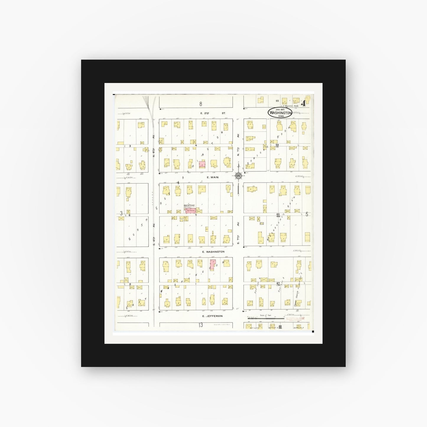 Old map wall art mockup — black gallery frame with white mat — Sanborn Fire Insurance Map from Washington, Washington County, Iowa (1917), Sheet #0004