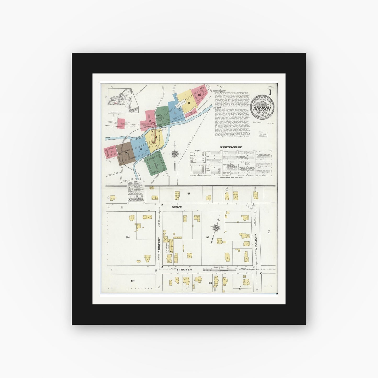 Old map wall art mockup — black gallery frame with white mat — Sanborn Fire Insurance Map from Addison, Steuben County, New York (1921), Sheet #0001