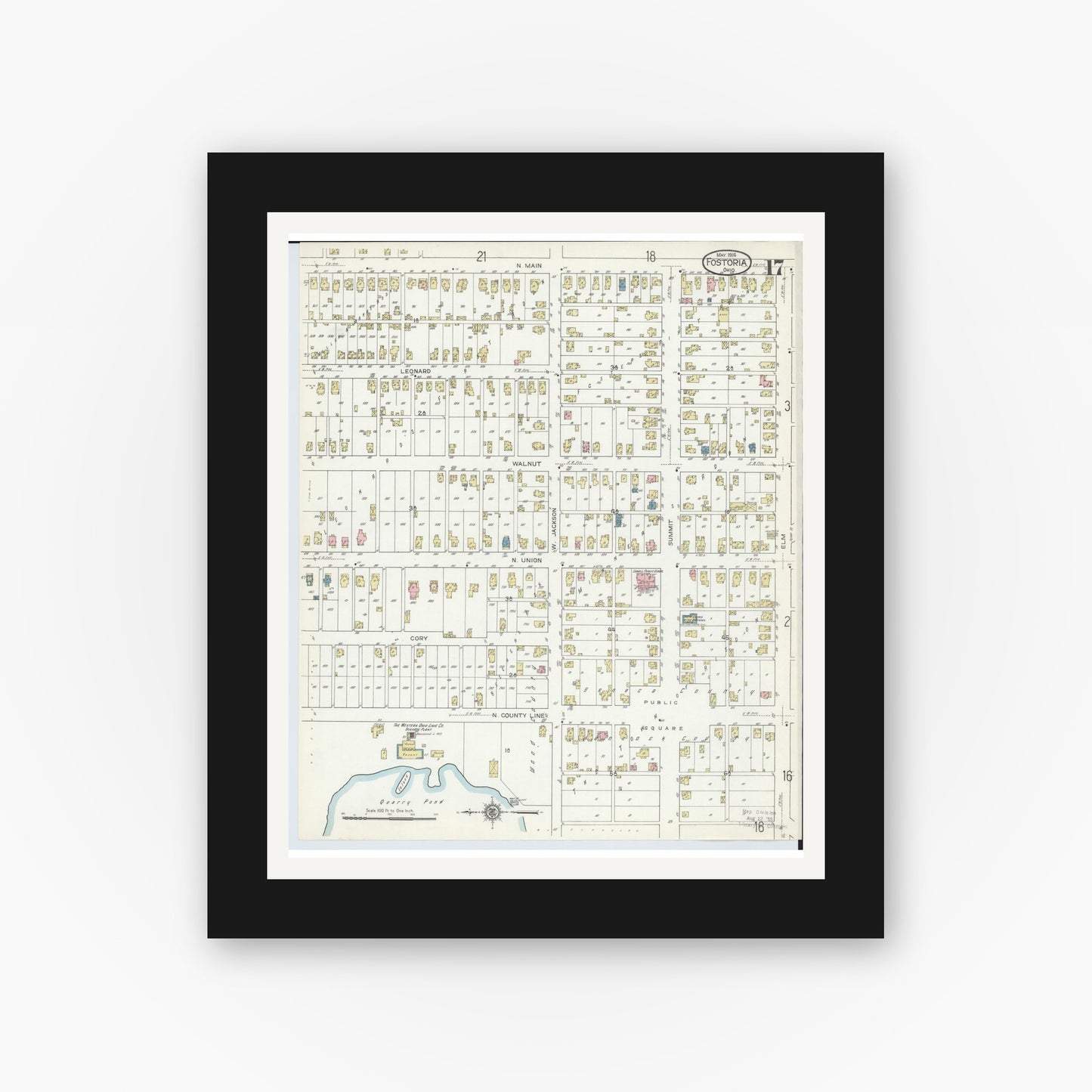 Old map wall art mockup — black gallery frame with white mat — Sanborn Fire Insurance Map from Fostoria, Seneca, Hancock, And Wood Counties, Ohio (1914), Sheet #0017