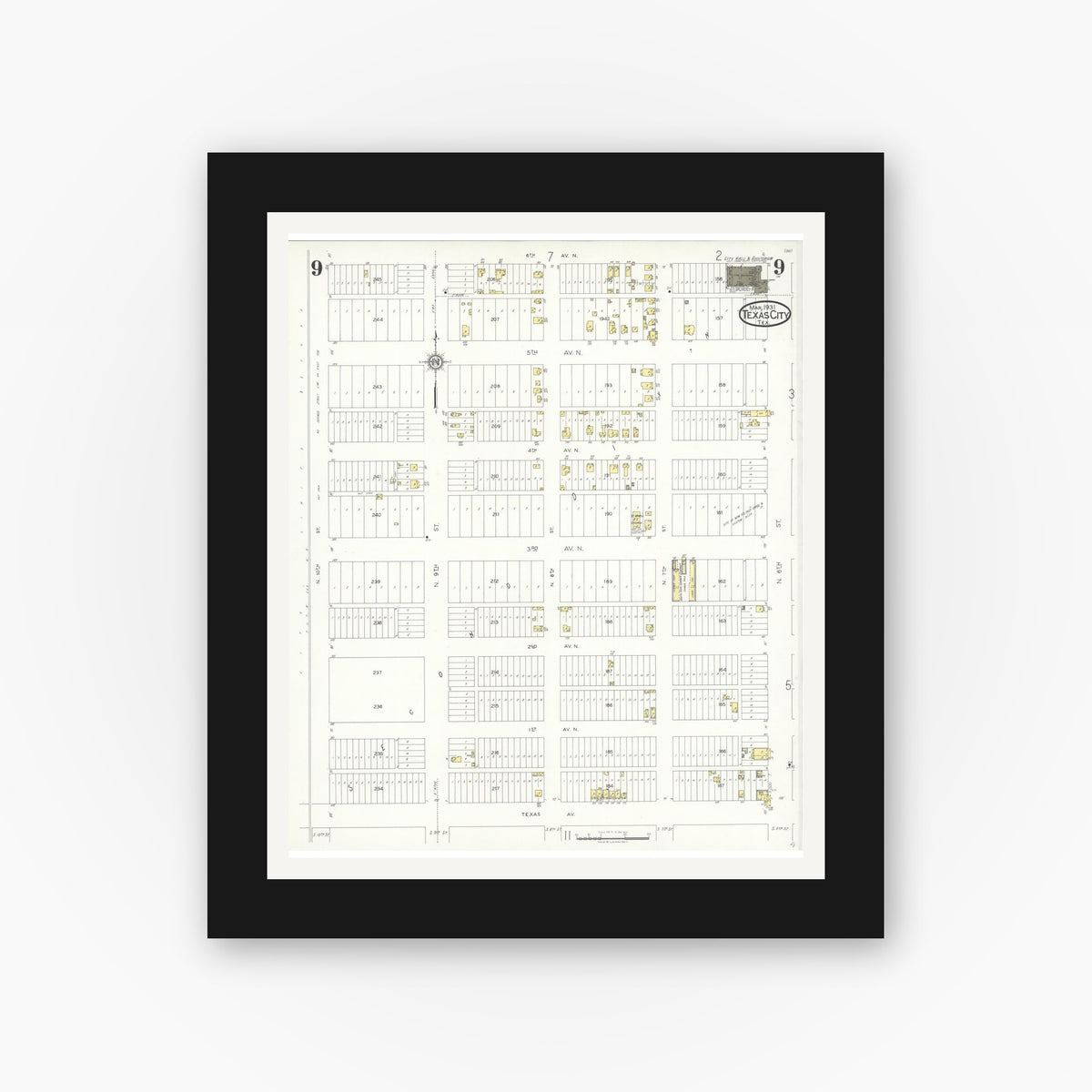 Old map wall art mockup — black gallery frame with white mat — Sanborn Fire Insurance Map from Texas City, Galveston County, Texas (1931), Sheet #0009