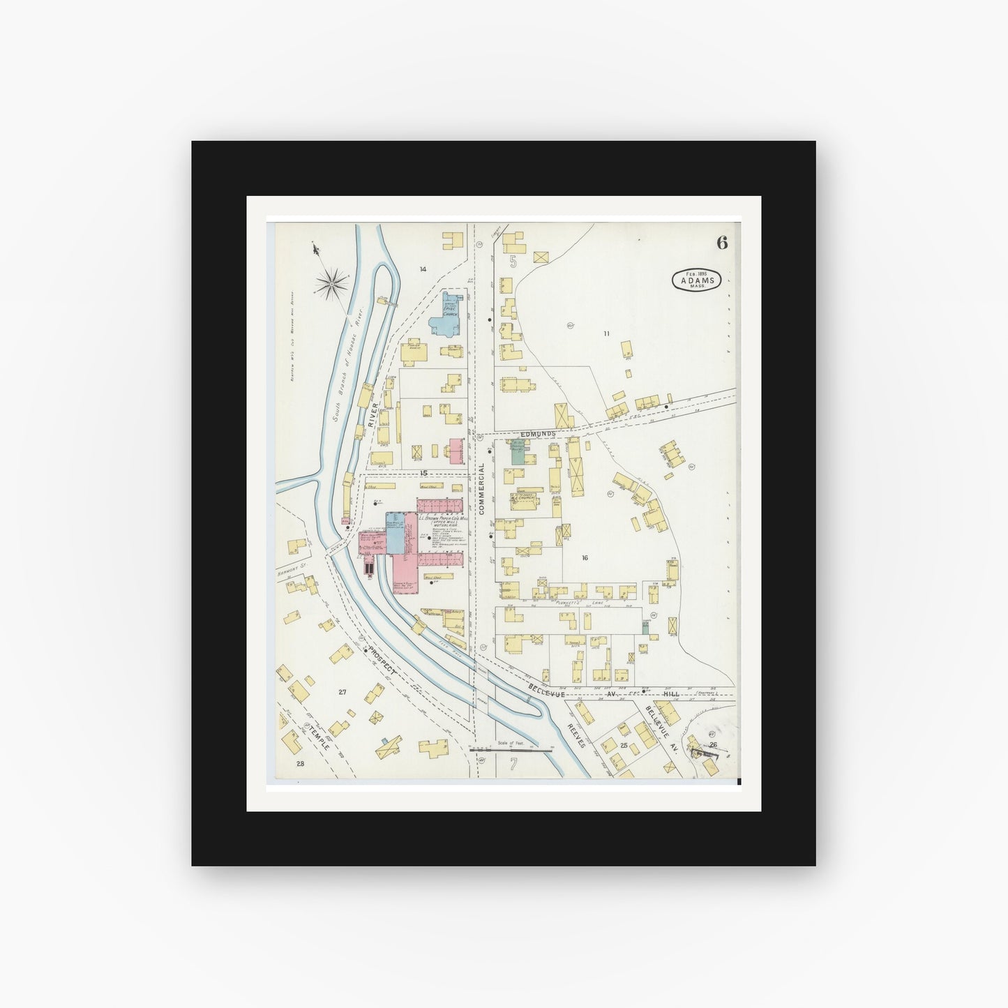 Old map wall art mockup — black gallery frame with white mat — Sanborn Fire Insurance Map from Adams, Berkshire County, Massachusetts (1895), Sheet #0006