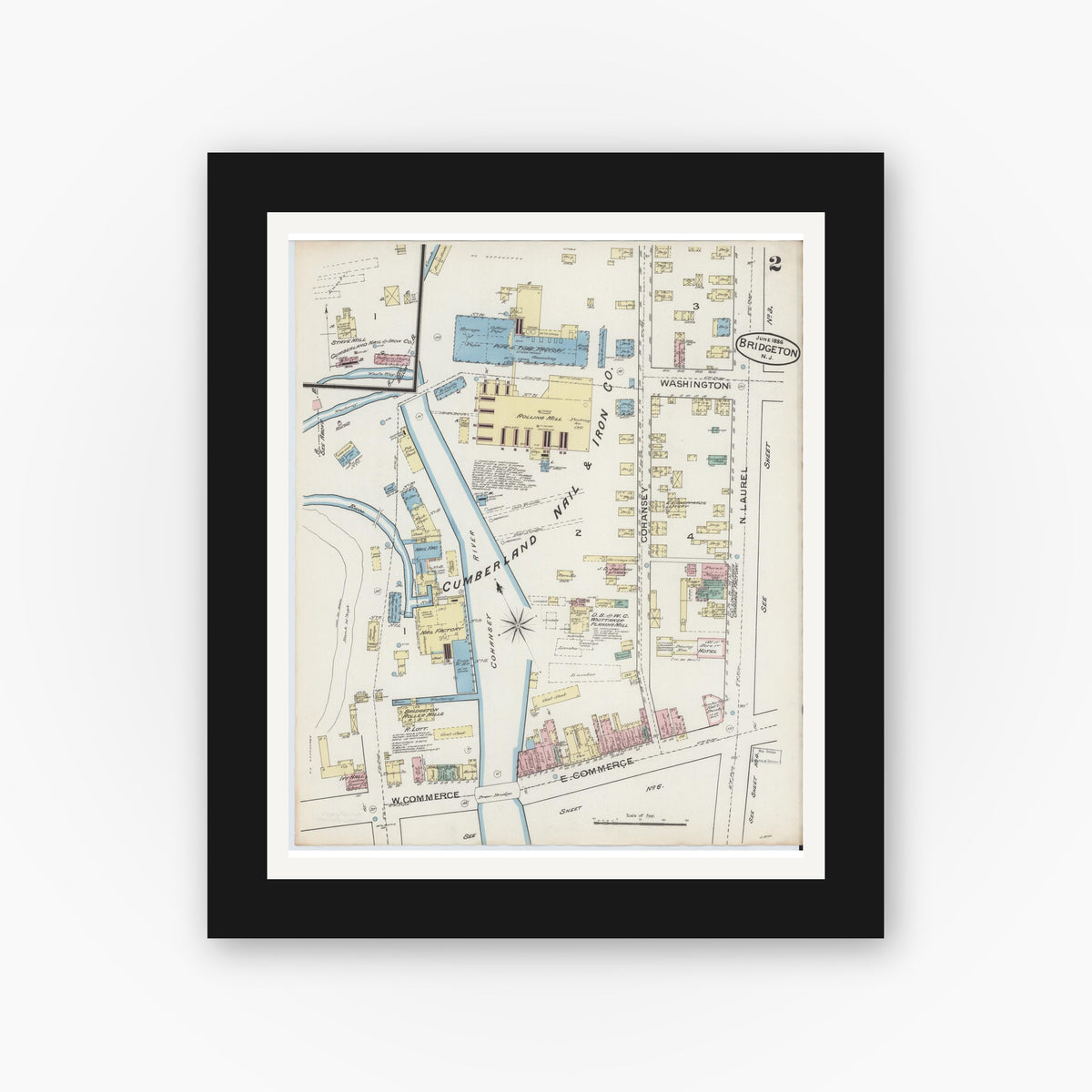 Old map wall art mockup — black gallery frame with white mat — Sanborn Fire Insurance Map from Bridgeton, Cumberland County, New Jersey (1886) - Complete Map Set