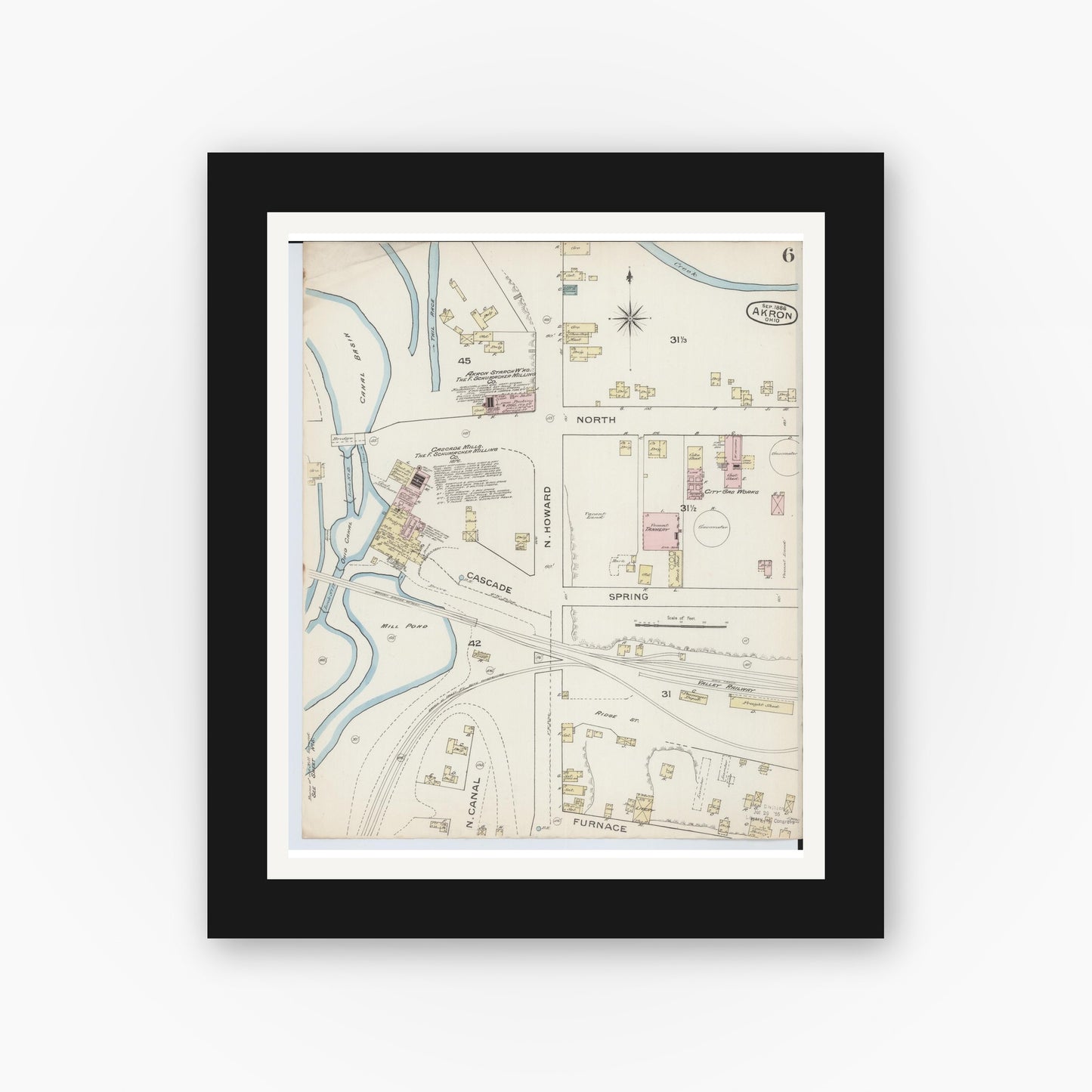 Old map wall art mockup — black gallery frame with white mat — Sanborn Fire Insurance Map from Akron, Summit County, Ohio (1886), Sheet #0006