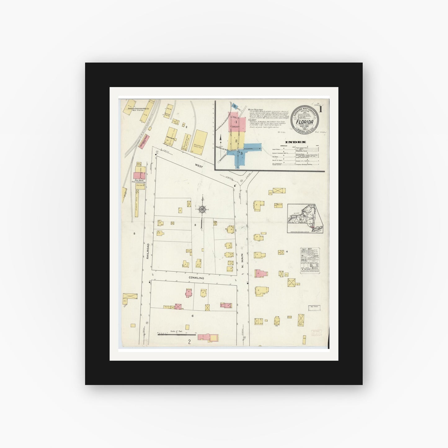 Old map wall art mockup — black gallery frame with white mat — Sanborn Fire Insurance Map from Florida, Orange County, New York (1915) - Complete Map Set