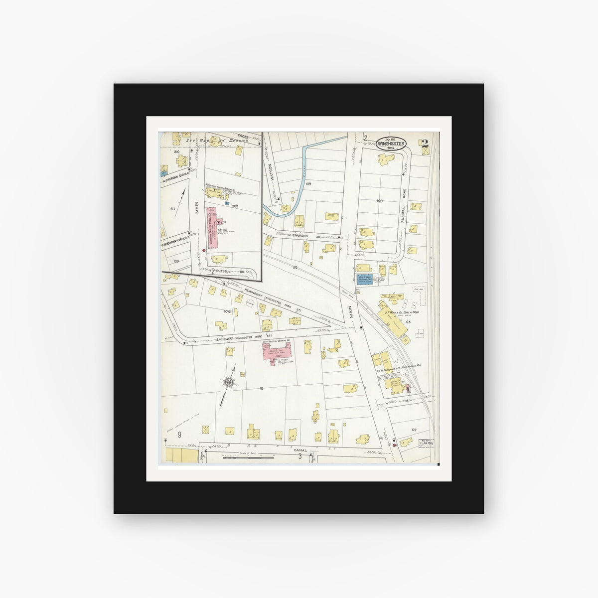 Old map wall art mockup — black gallery frame with white mat — Sanborn Fire Insurance Map from Winchester, Middlesex County, Massachusetts (1916), Sheet #0002