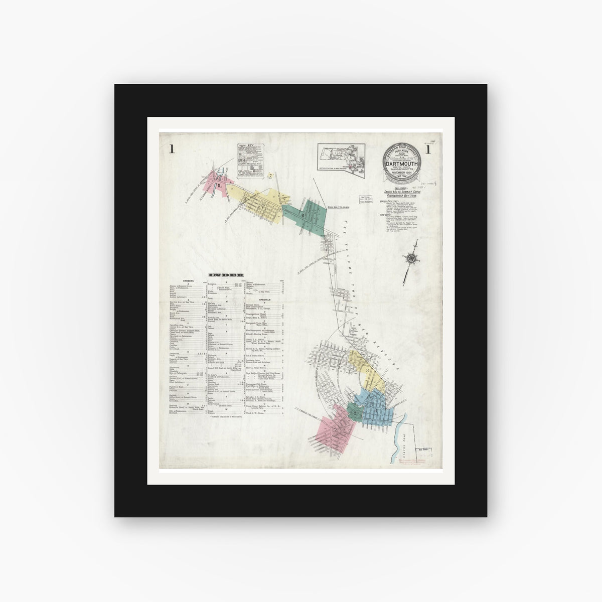 Old map wall art mockup — black gallery frame with white mat — Sanborn Fire Insurance Map from Dartmouth, Bristol County, Massachusetts (1924), Sheet #0001