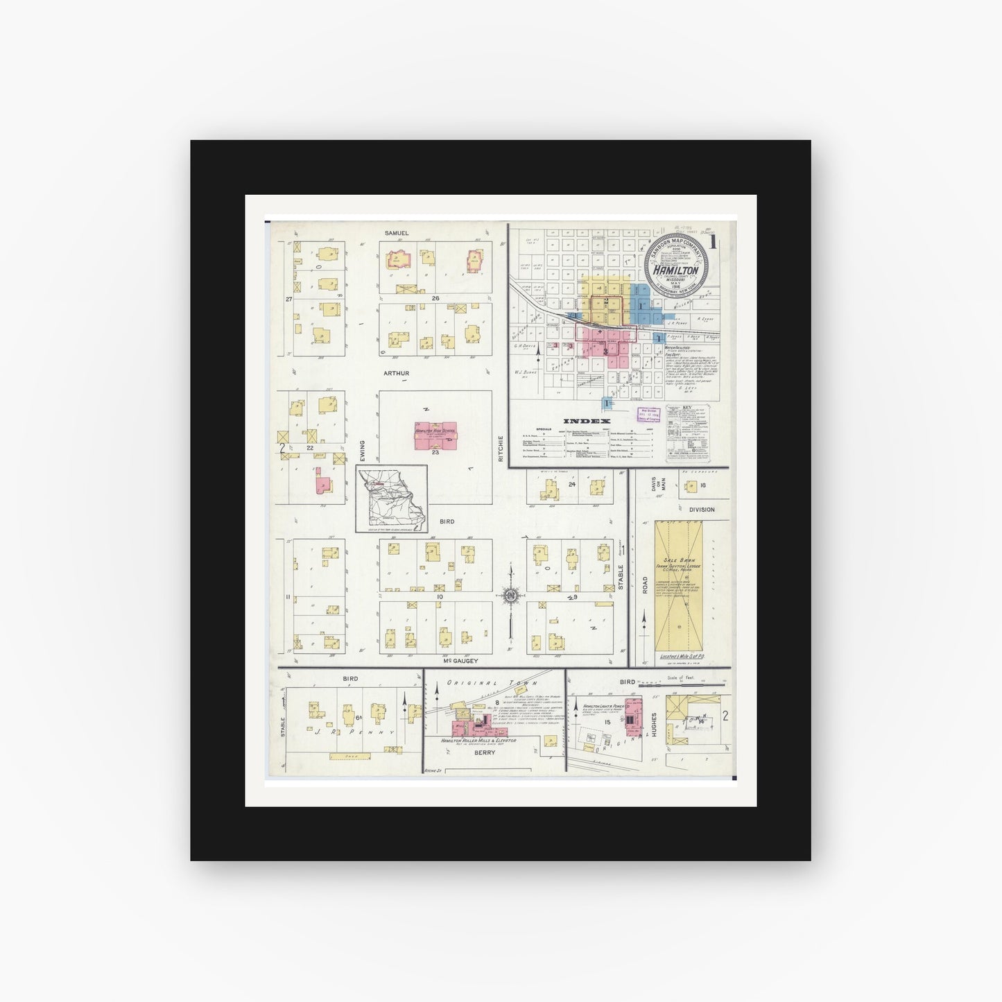 Old map wall art mockup — black gallery frame with white mat — Sanborn Fire Insurance Map from Hamilton, Caldwell County, Missouri (1916) - Complete Map Set
