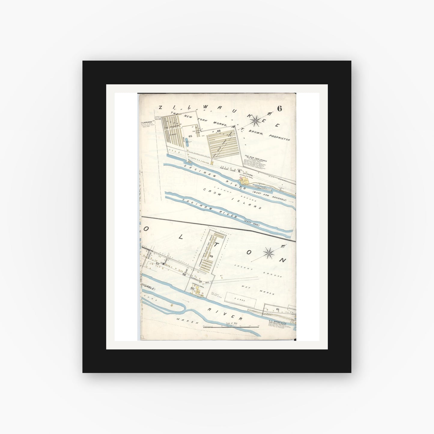 Old map wall art mockup β black gallery frame with white mat β Sanborn Fire Insurance Map from Saginaw, Saginaw County, Michigan (1895), Sheet #0006