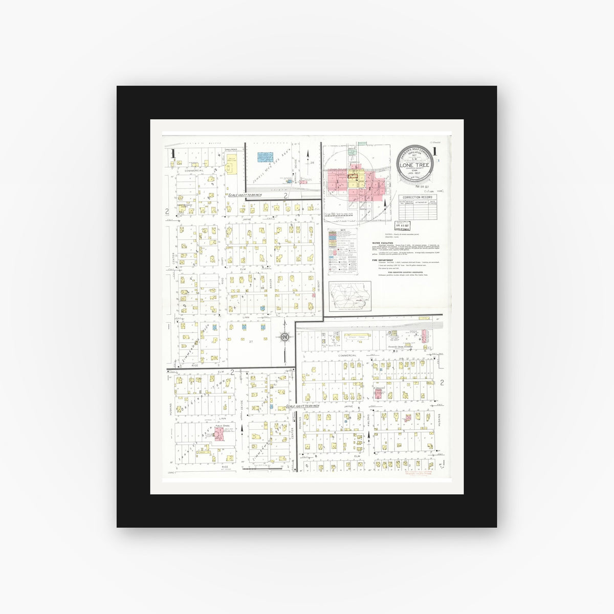 Old map wall art mockup — black gallery frame with white mat — Sanborn Fire Insurance Map from Lone Tree, Johnson County, Iowa (1937) — Complete Set