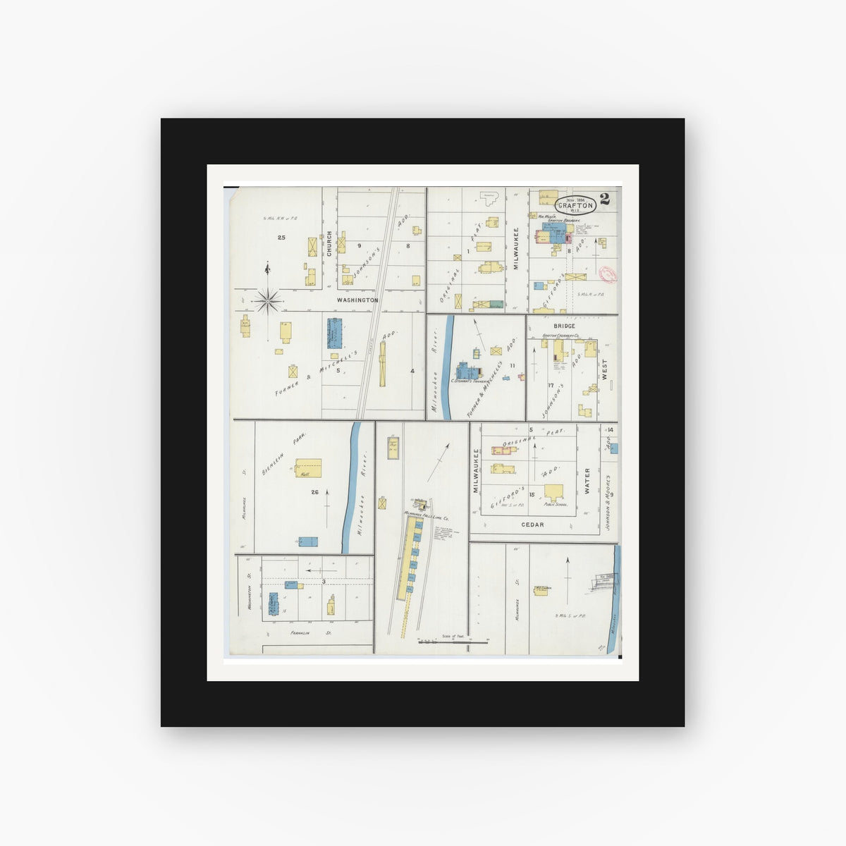 Old map wall art mockup — black gallery frame with white mat — Sanborn Fire Insurance Map from Grafton, Ozankee County, Wisconsin (1894), Sheet #0002