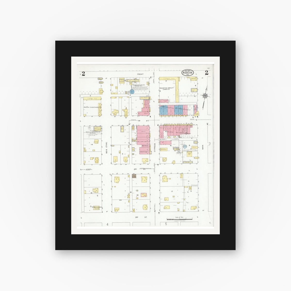 Old map wall art mockup — black gallery frame with white mat — Sanborn Fire Insurance Map from Roscoe, Nolan County, Texas (1927), Sheet #0002