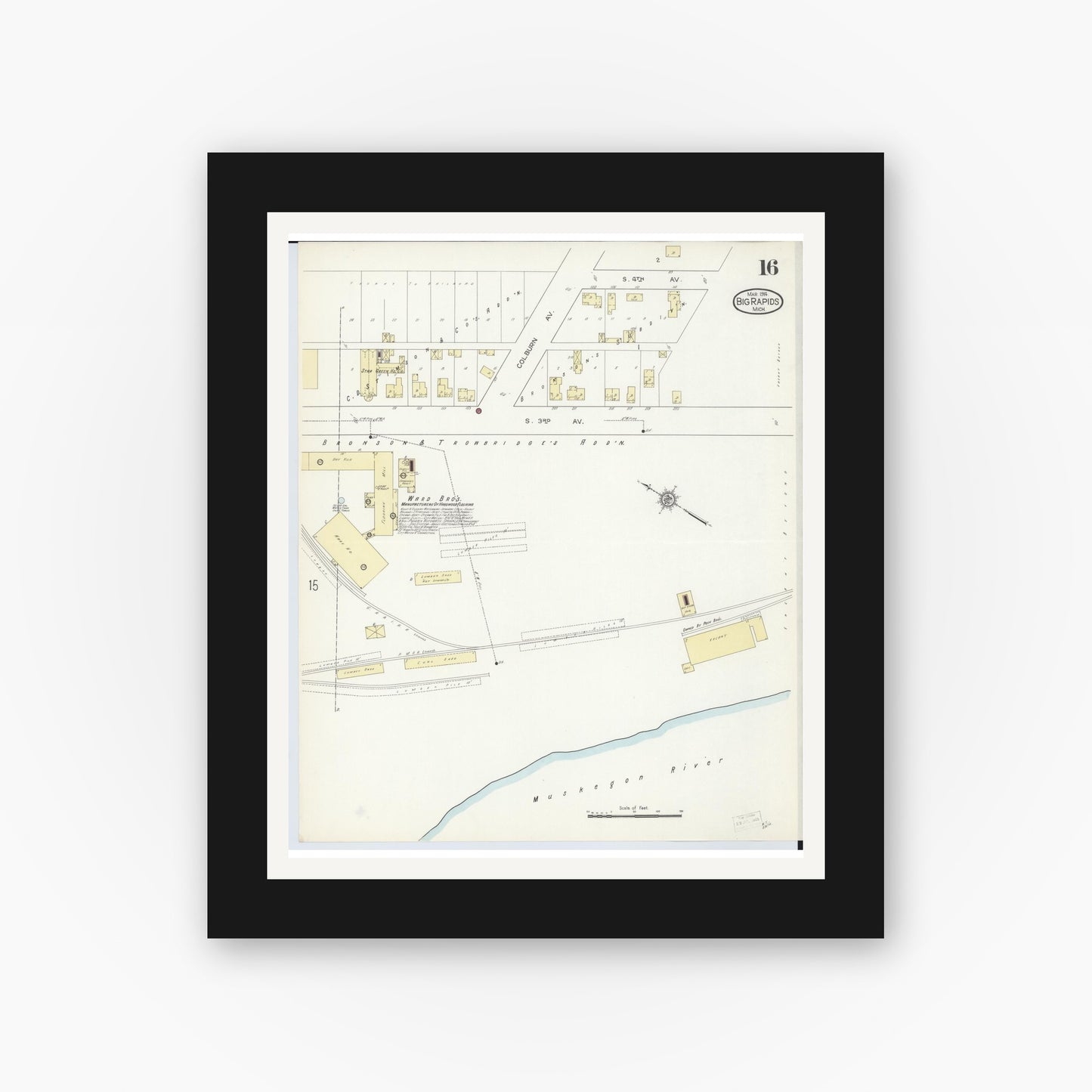 Old map wall art mockup — black gallery frame with white mat — Sanborn Fire Insurance Map from Big Rapids, Mecosta County, Michigan (1914), Sheet #0016