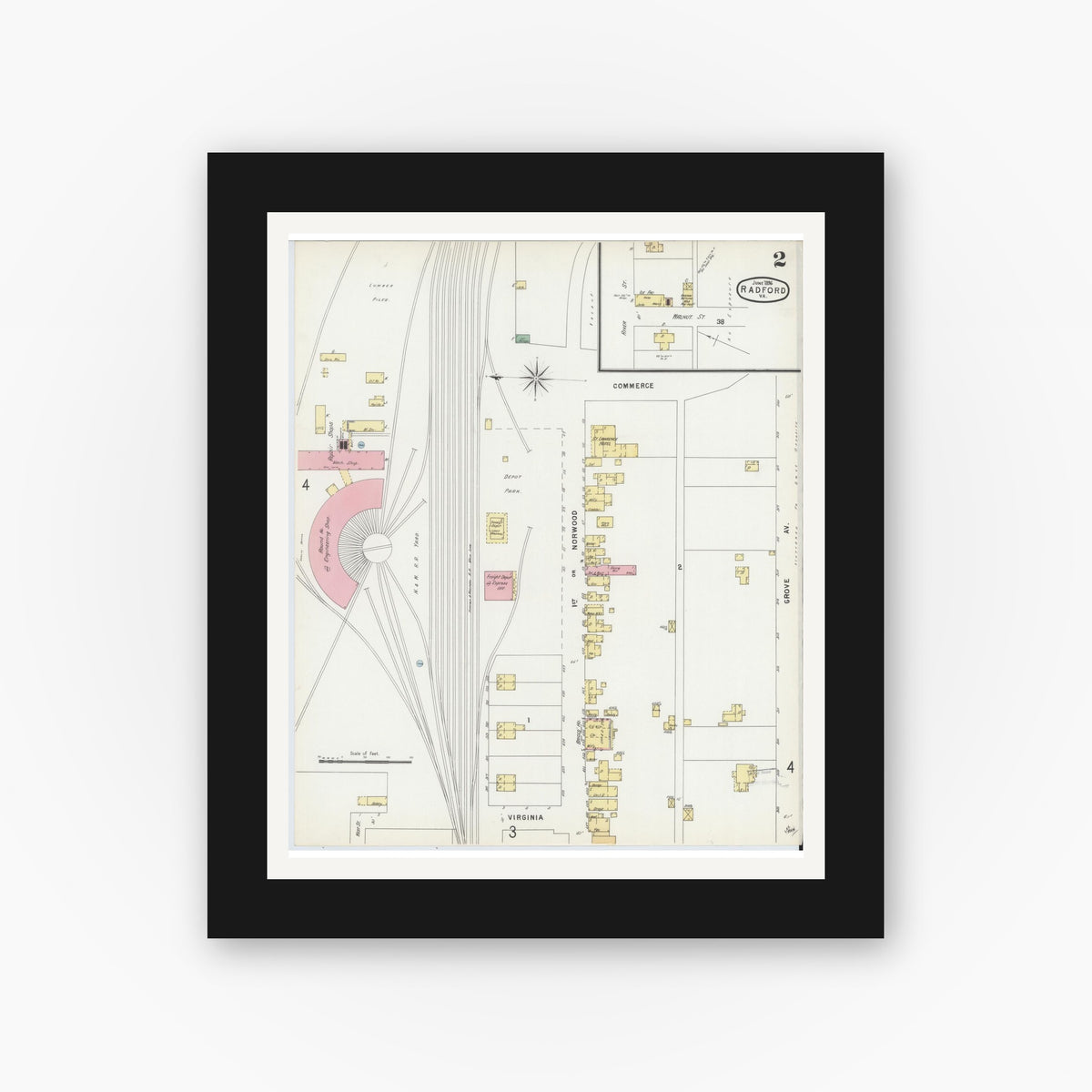 Old map wall art mockup — black gallery frame with white mat — Sanborn Fire Insurance Map from Radford, Independent Cities, Virginia (1896), Sheet #0002