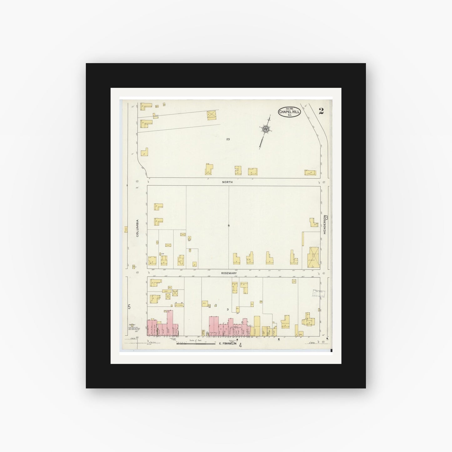 Old map wall art mockup — black gallery frame with white mat — Sanborn Fire Insurance Map from Chapel Hill, Orange County, North Carolina (1915), Sheet #0002