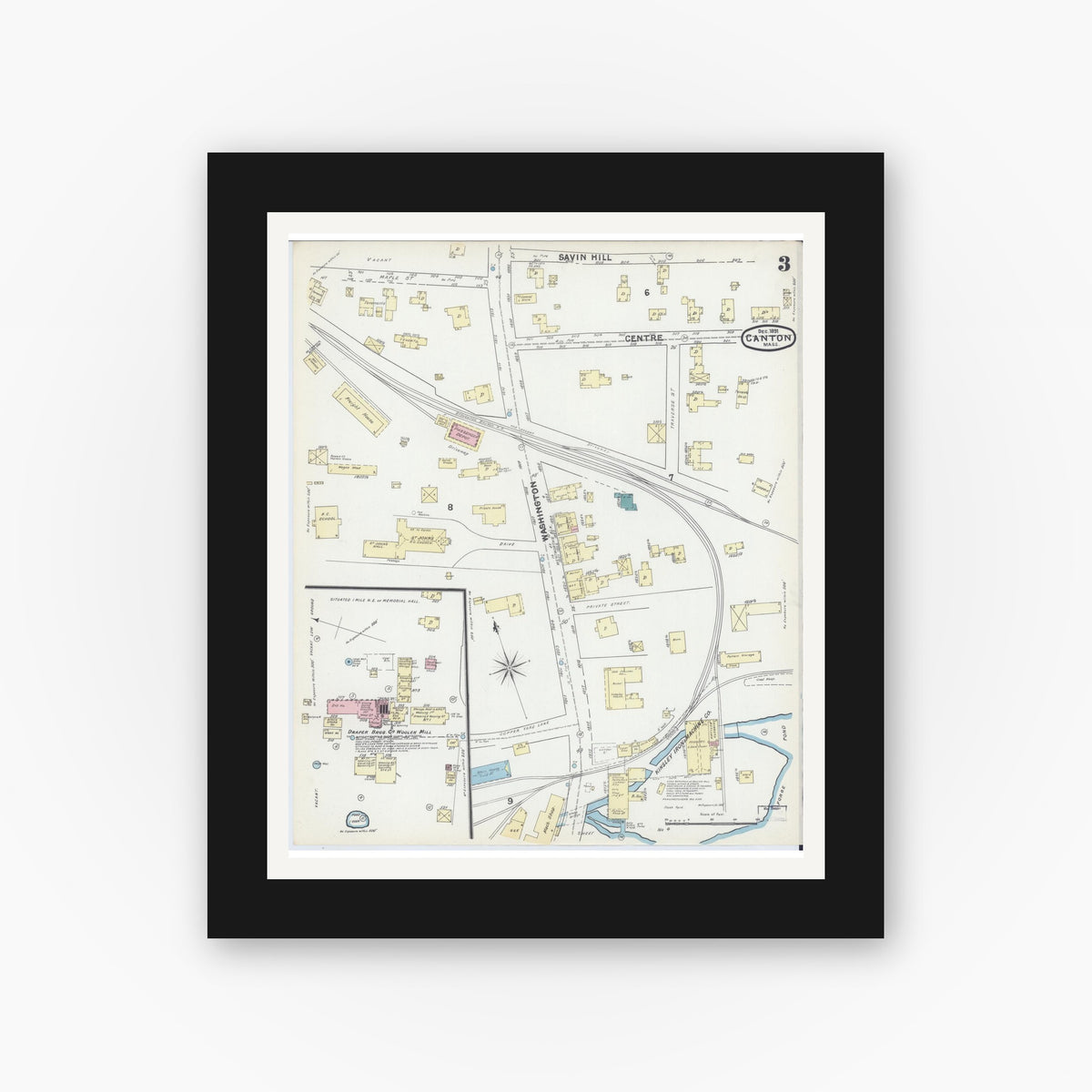 Old map wall art mockup — black gallery frame with white mat — Sanborn Fire Insurance Map from Canton, Norfolk County, Massachusetts (1891), Sheet #0003