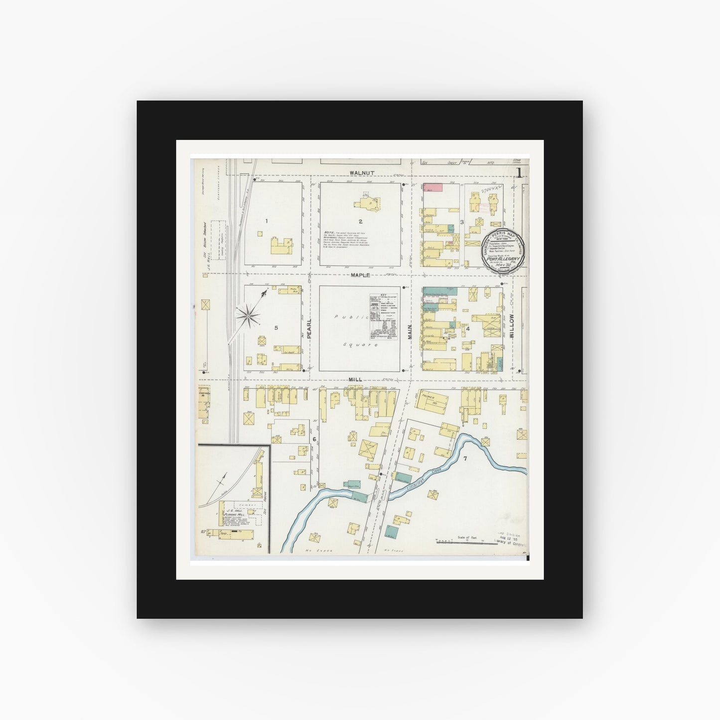 Old map wall art mockup — black gallery frame with white mat — Sanborn Fire Insurance Map from Port Allegany, McKean County, Pennsylvania (1892) - Complete Map Set