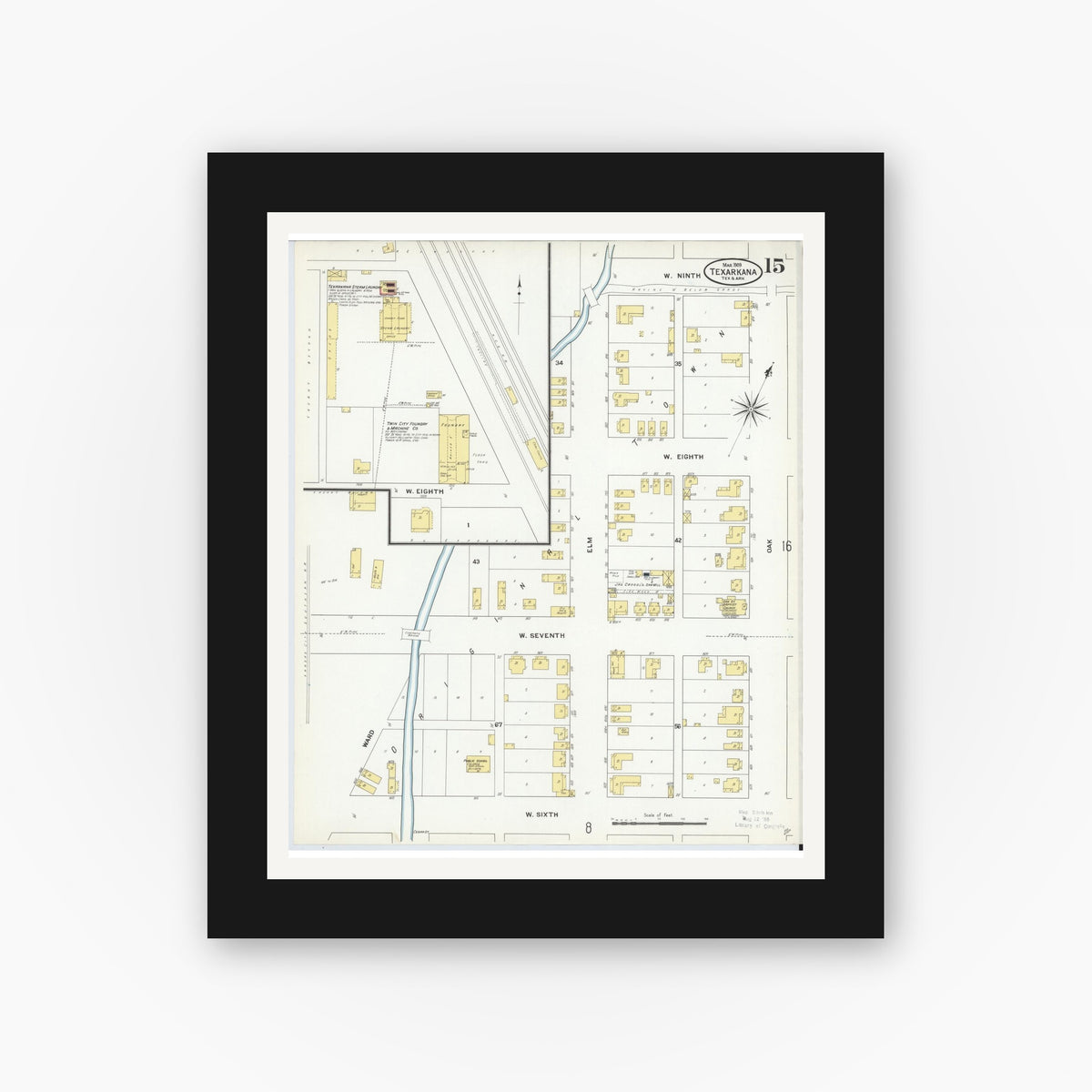 Old map wall art mockup — black gallery frame with white mat — Sanborn Fire Insurance Map from Texarkana, Bowie County, Texas (1909), Sheet #0015