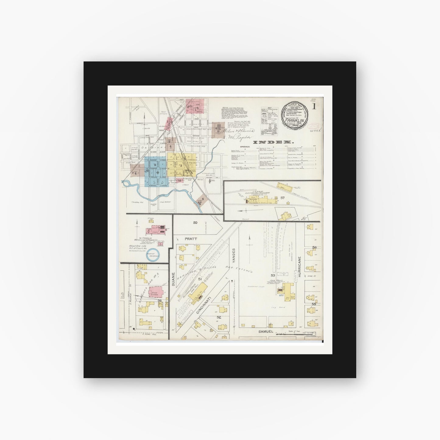 Old map wall art mockup — black gallery frame with white mat — Sanborn Fire Insurance Map from Franklin, Johnson County, Indiana (1892) - Complete Map Set