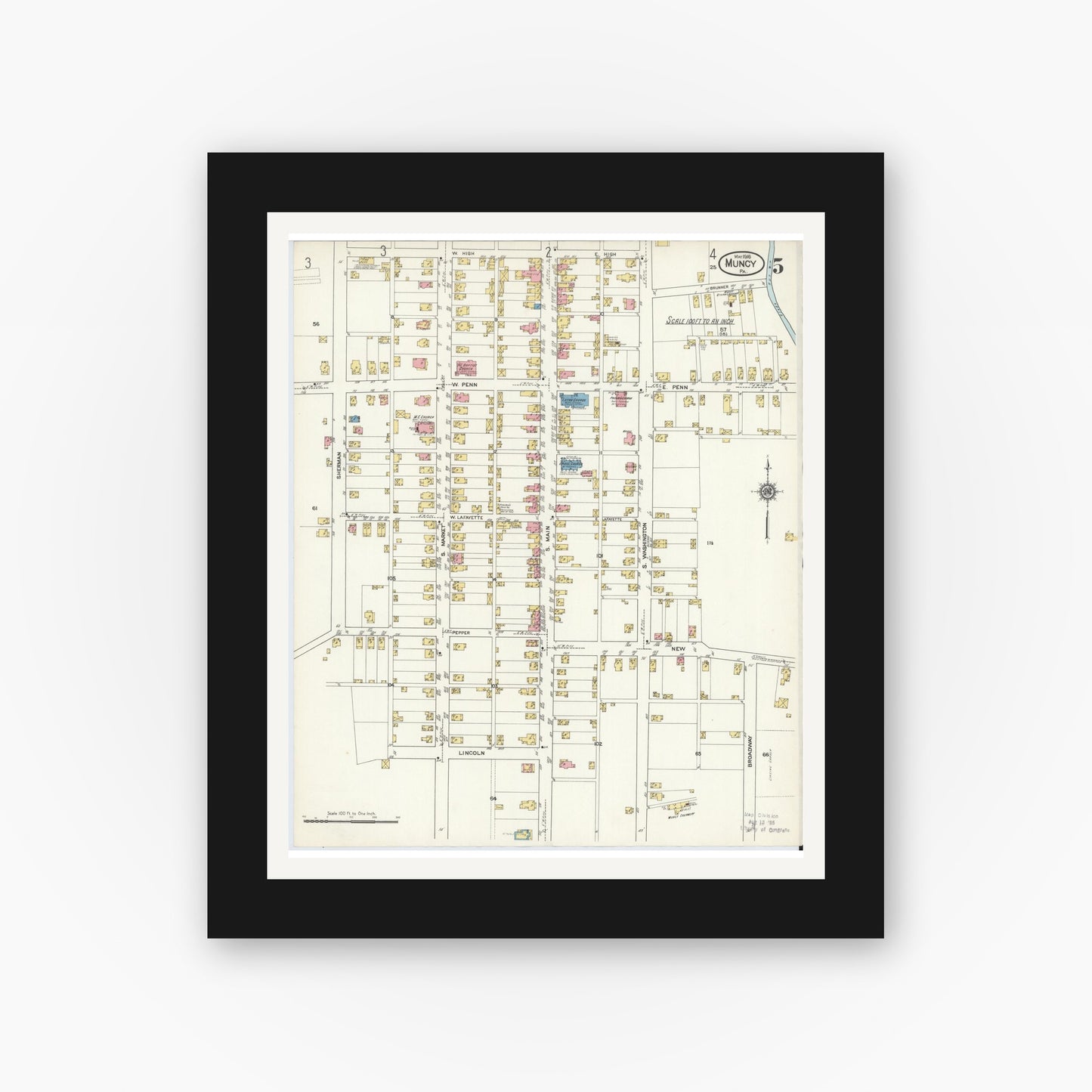 Old map wall art mockup — black gallery frame with white mat — Sanborn Fire Insurance Map from Muncy, Lycoming County, Pennsylvania (1916), Sheet #0005