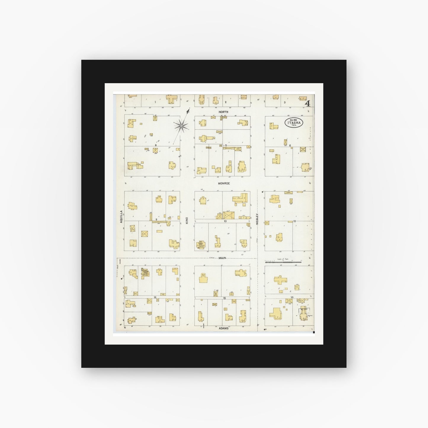 Old map wall art mockup — black gallery frame with white mat — Sanborn Fire Insurance Map from Itasca, Hill County, Texas (1902), Sheet #0004