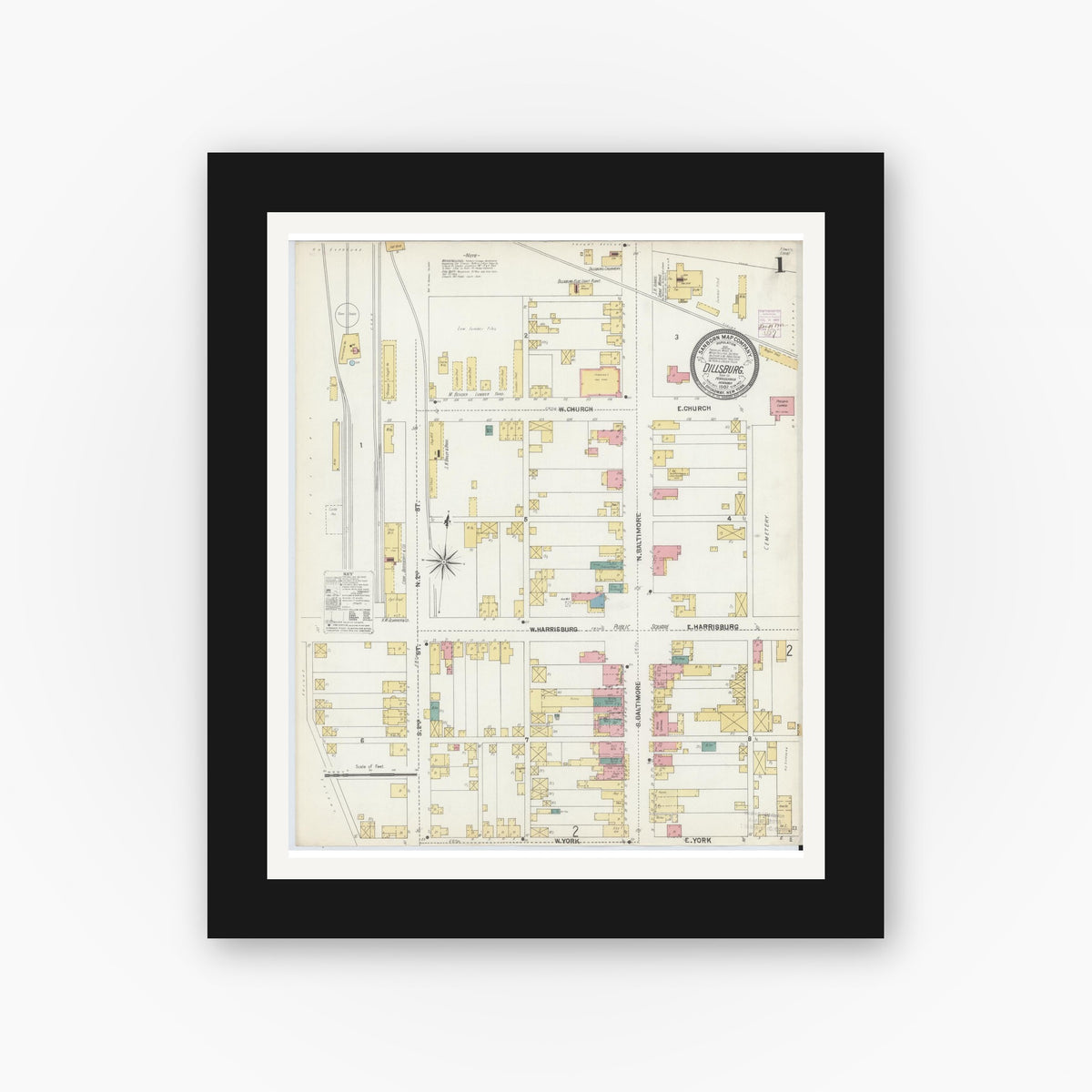 Old map wall art mockup — black gallery frame with white mat — Sanborn Fire Insurance Map from Dillsburg, York County, Pennsylvania (1902) - Complete Map Set