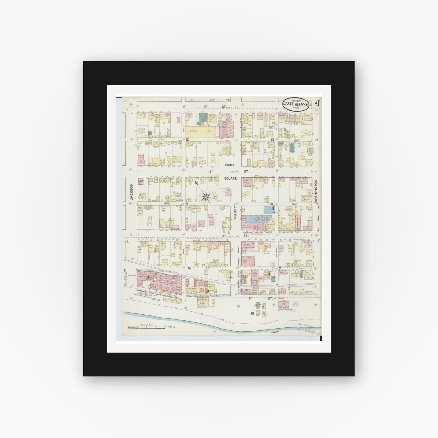 Old map wall art mockup — black gallery frame with white mat — Sanborn Fire Insurance Map from East Liverpool, Columbiana County, Ohio (1887), Sheet #0004