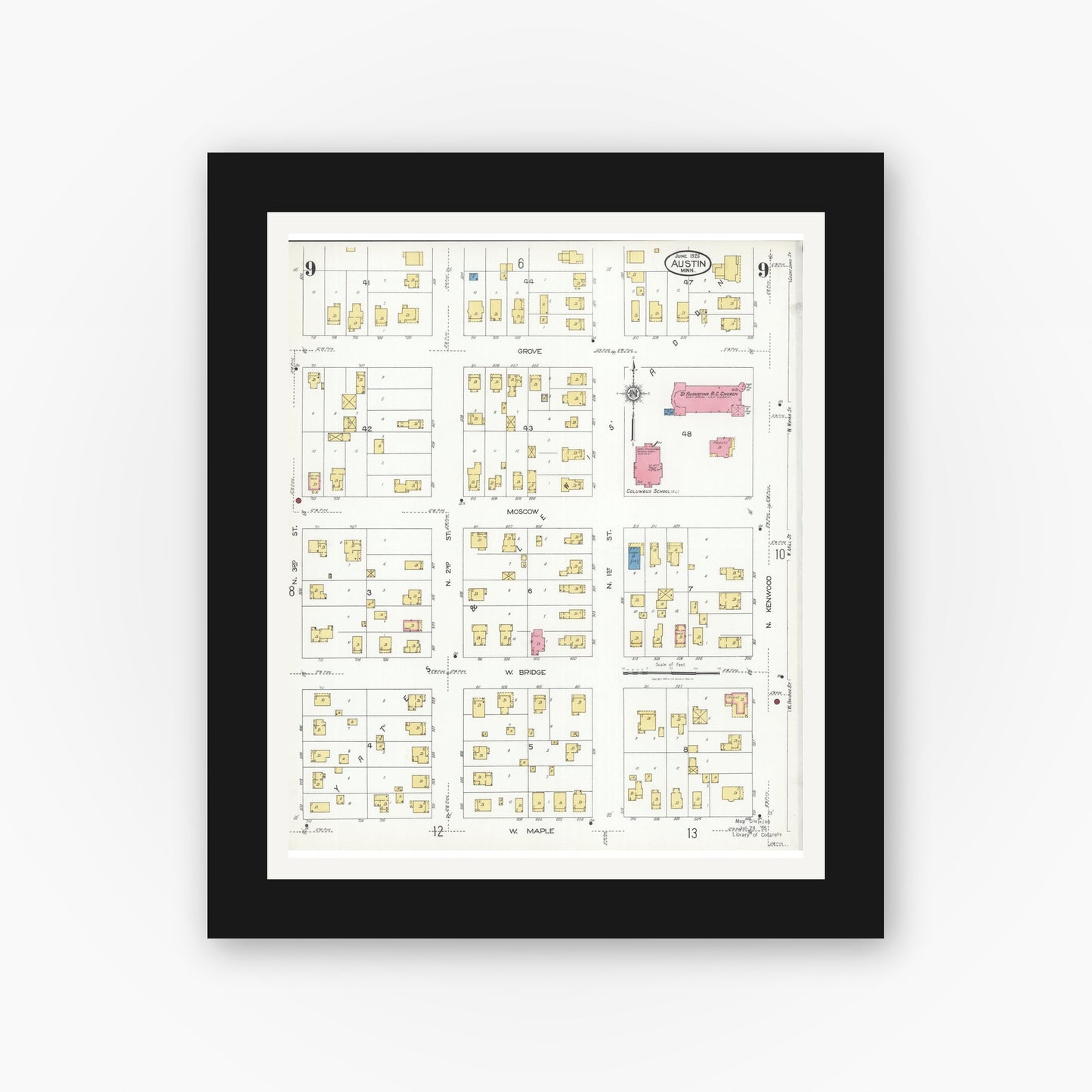 Old map wall art mockup — black gallery frame with white mat — Sanborn Fire Insurance Map from Austin, Mower County, Minnesota (1926), Sheet #0009