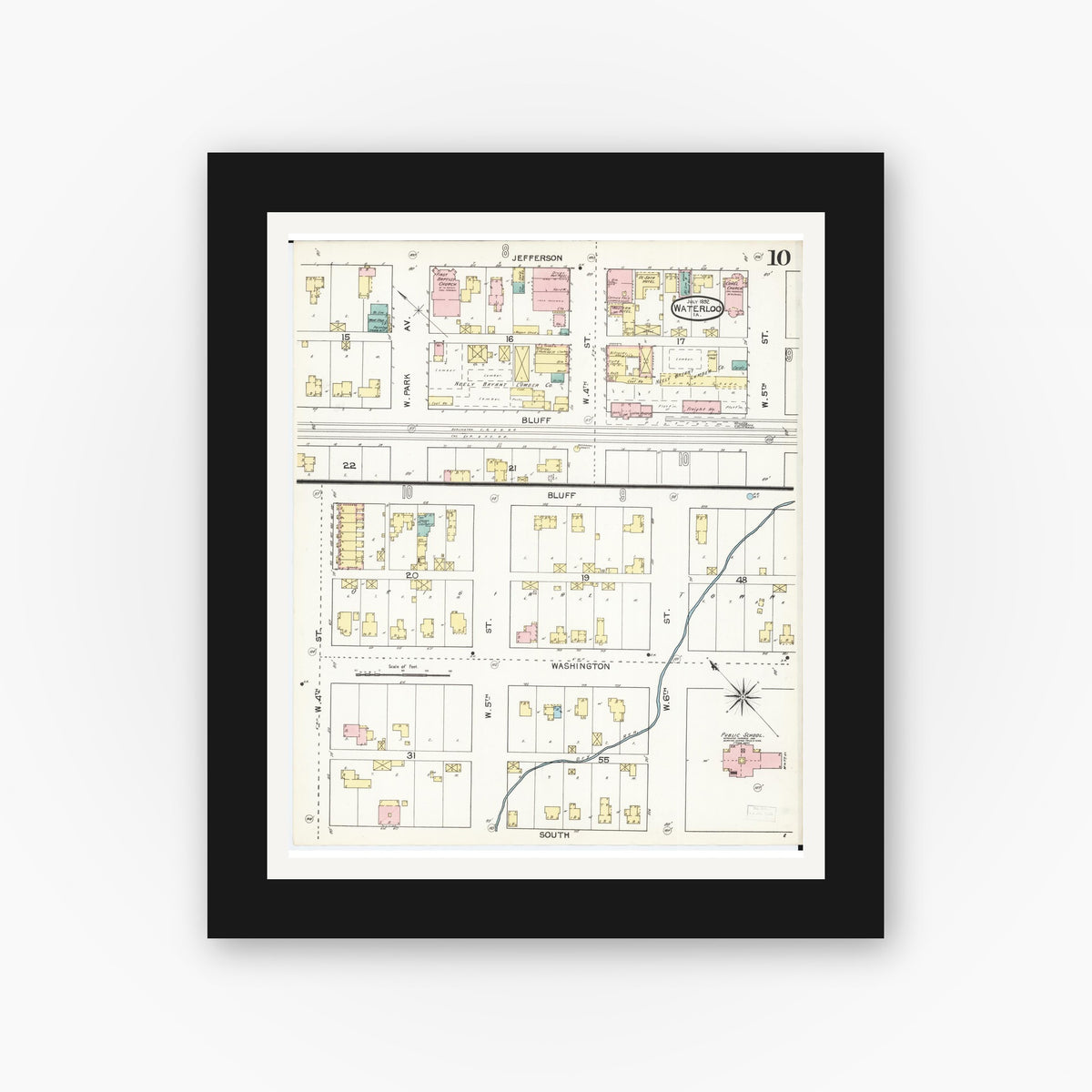 Old map wall art mockup — black gallery frame with white mat — Sanborn Fire Insurance Map from Waterloo, Black Hawk County, Iowa (1892), Sheet #0010