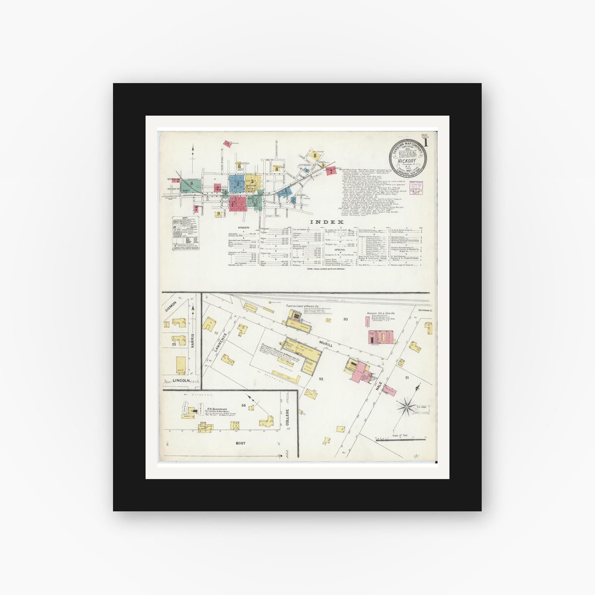 Old map wall art mockup β black gallery frame with white mat β Sanborn Fire Insurance Map from Hickory, Catawba County, North Carolina (1907), Sheet #0001