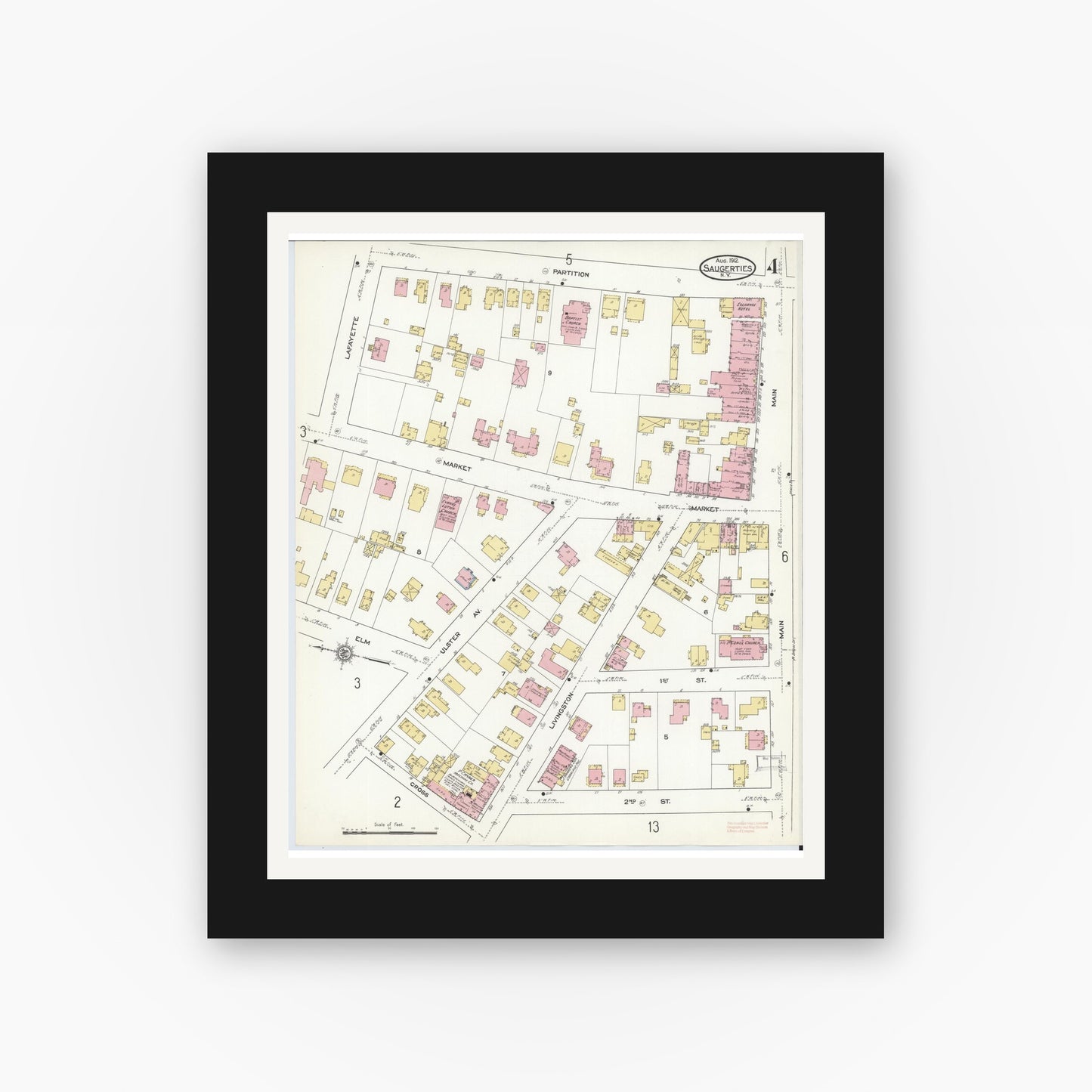 Old map wall art mockup — black gallery frame with white mat — Sanborn Fire Insurance Map from Saugerties, Ulster County, New York (1912), Sheet #0004