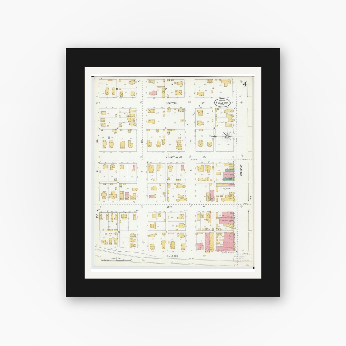 Old map wall art mockup — black gallery frame with white mat — Sanborn Fire Insurance Map from Wellston, Jackson County, Ohio (1904), Sheet #0004