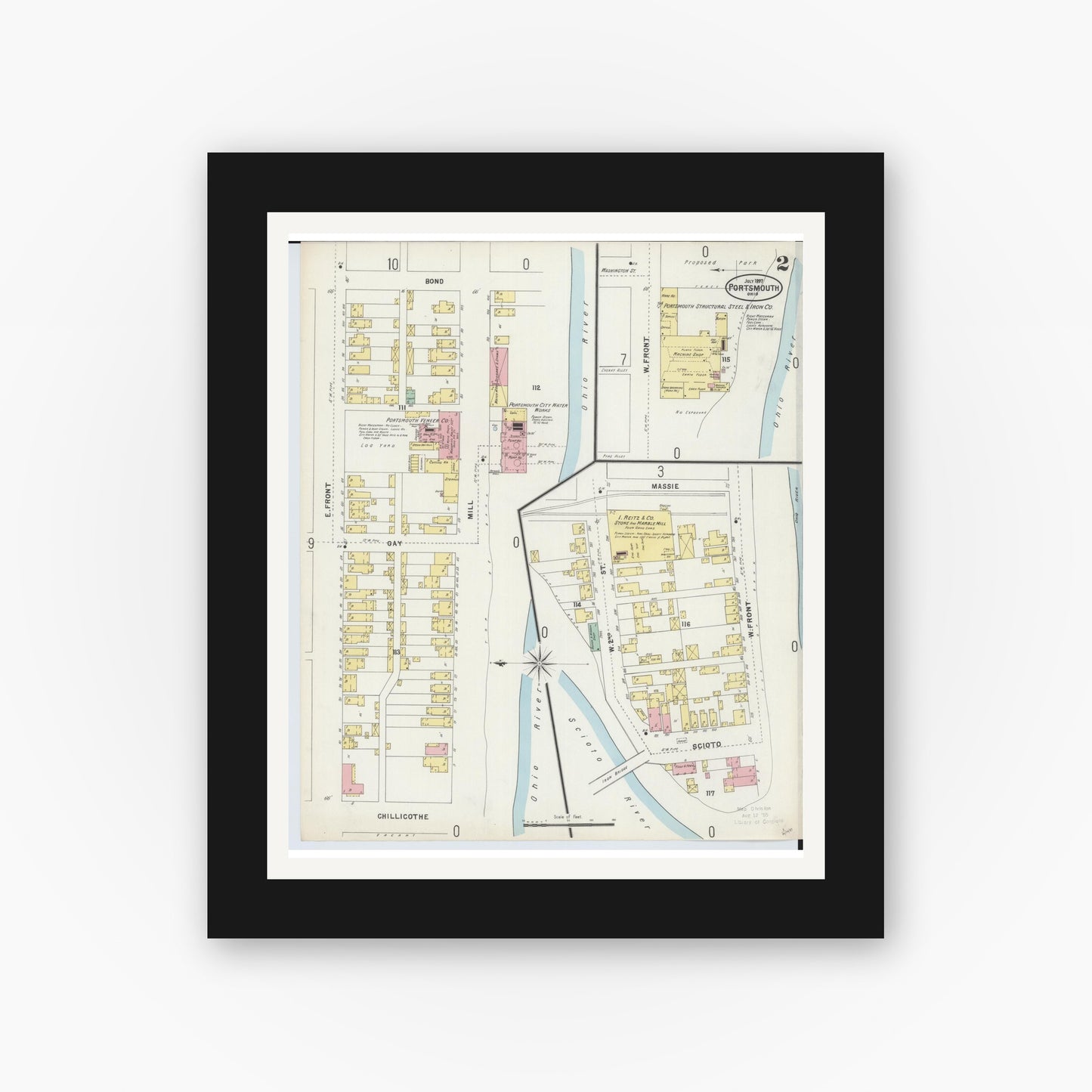 Old map wall art mockup — black gallery frame with white mat — Sanborn Fire Insurance Map from Portsmouth, Scioto County, Ohio (1897), Sheet #0002