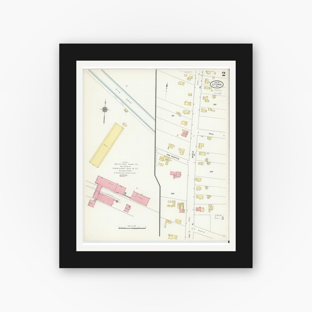 Old map wall art mockup — black gallery frame with white mat — Sanborn Fire Insurance Map from Lyons, Wayne County, New York (1911) - Complete Map Set