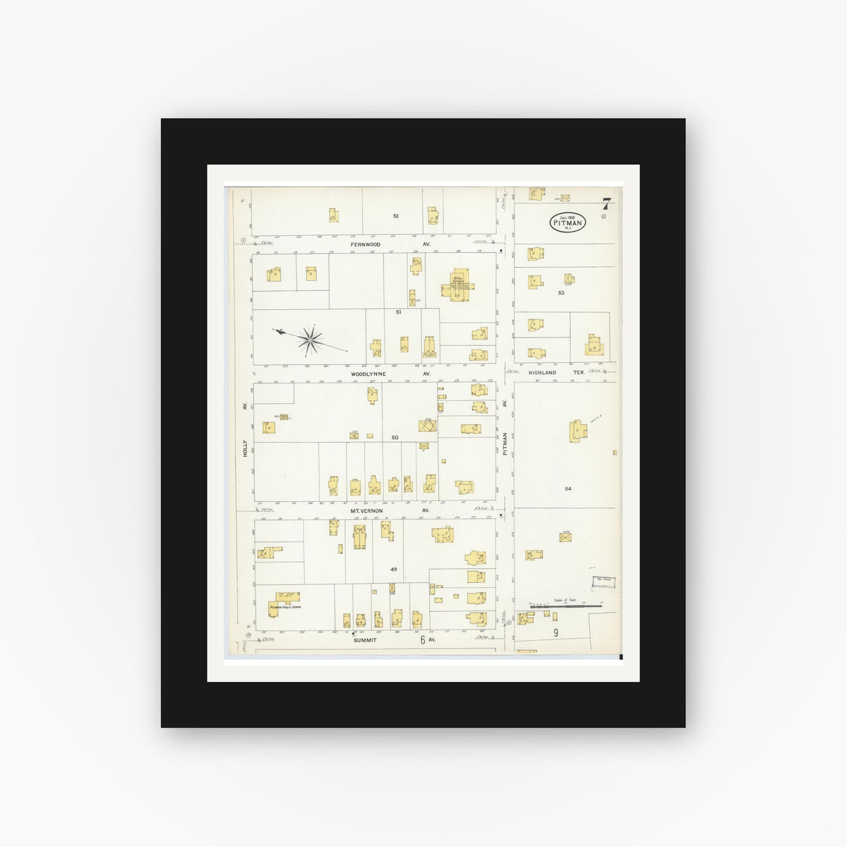 Old map wall art mockup — black gallery frame with white mat — Sanborn Fire Insurance Map from Pitman, Gloucester County, New Jersey (1908), Sheet #0007