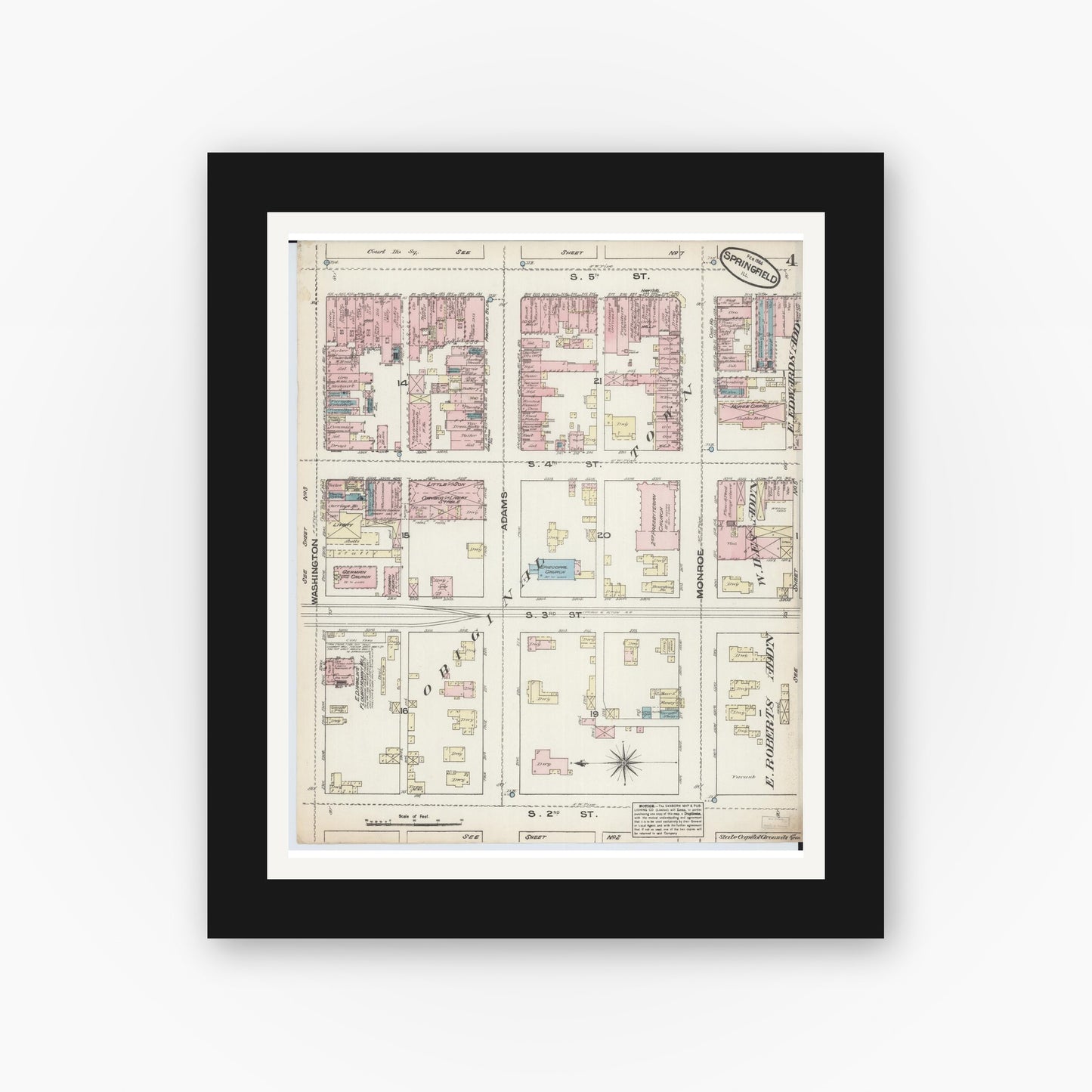 Old map wall art mockup — black gallery frame with white mat — Sanborn Fire Insurance Map from Springfield, Sangamon County, Illinois (1884), Sheet #0004