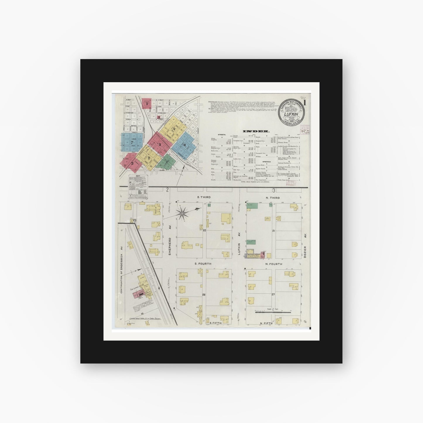 Old map wall art mockup — black gallery frame with white mat — Sanborn Fire Insurance Map from Lufkin, Angelina County, Texas (1908), Sheet #0001