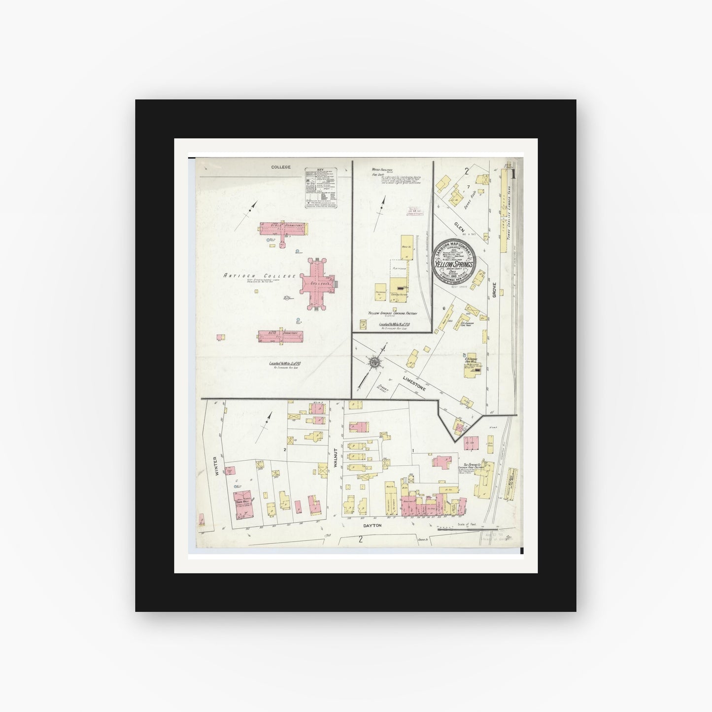 Old map wall art mockup — black gallery frame with white mat — Sanborn Fire Insurance Map from Yellow Springs, Greene County, Ohio (1910), Sheet #0001