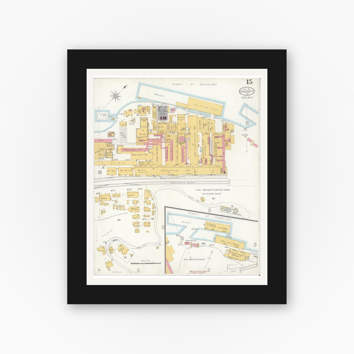 Old map wall art mockup — black gallery frame with white mat — Sanborn Fire Insurance Map from Crockett, Contra Costa County, California (1906), Sheet #0015